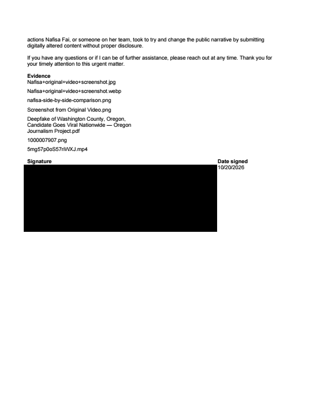 PapaBearMyers's tweet photo. @NafisaFaiWashCo I filed a complaint with the Oregon Secretary of State Elections Division this morning, as I believe Nafisa Fai violated ORS 260.268 when she provided the digitally altered video/image to @OregonJournProj without proper disclosure.

Your move @OregonSOS. https://t.co/y4PV8DEwaK