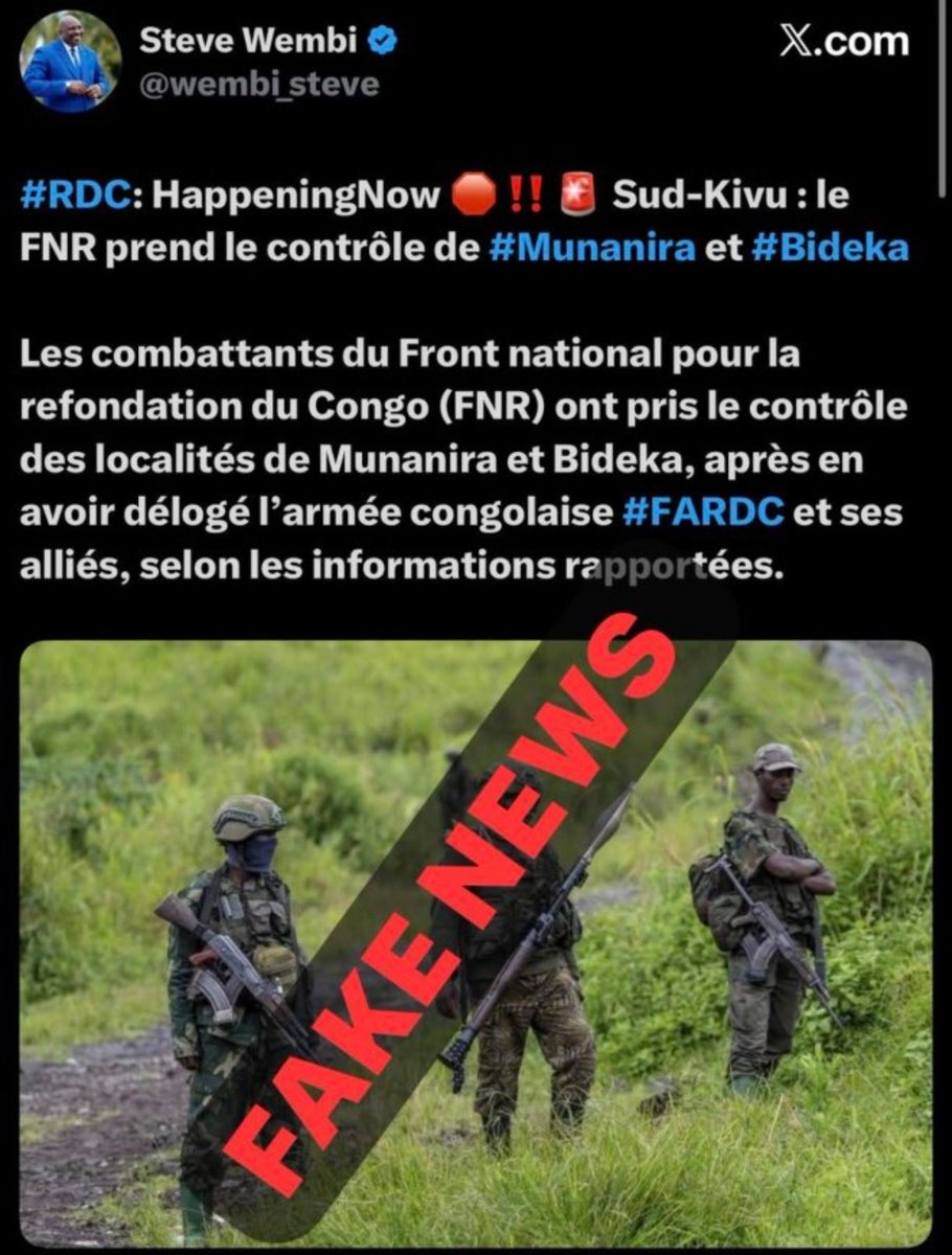 MulambaFis73563's tweet photo. 🚨🇨🇩 FAKE NEWS ? Nos FARDC contrôlent Munanira et Bideka ! Face aux tentatives de désinformation, nos forces se sont imposées sur le terrain. Ne confondons pas propagande et réalité !
#RDC #FARDC #SudKivu #Patriotisme #AigleRoyal https://t.co/7ETIOIJEOS