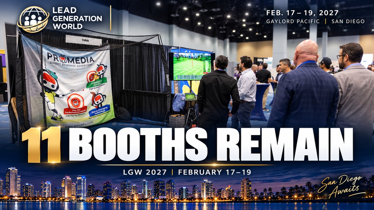 LeadGenerationW's tweet photo. Only 11 standard 10×10 booths remain for LGW 2027.

If your company wants to exhibit in San Diego this February, don't wait until the remaining spaces are gone.

February 17–19.

Explore Exhibit Opportunities: https://t.co/ANGn0uqUQe https://t.co/UFh0KAm48E