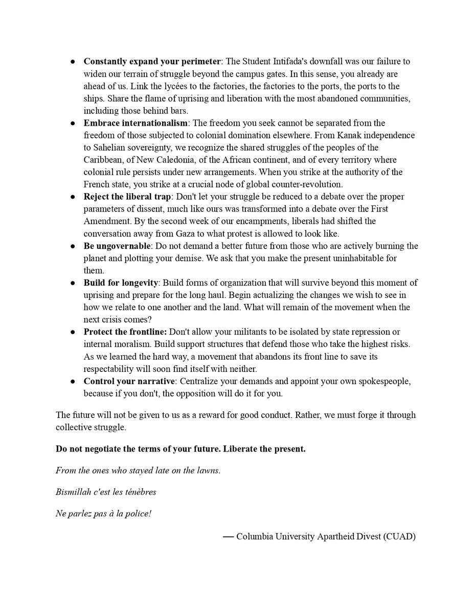 ColumbiaBDS's tweet photo. To the brave youth in France, from veterans of the Student Intifada at Columbia University

Please circulate widely https://t.co/7Ps2PYEUiE