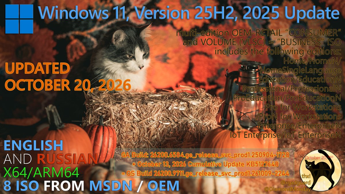 WZorNET's tweet photo. 😻📢Windows 11 Version #25H2 (#UpdatedOctober2026)👉https://t.co/jvRG3e9kgQ
📋OS Build /26200.9711.ge_release_svc_prod1.261009-2244 with #KB5127648 📋https://t.co/knXOX1CS8W
📁4-ENGLISH|4-RUSSIAN, CLIENT #CONSUMER/#BUSINESS from #MSDN 8-ISO👨‍💻👉https://t.co/dxB2LhfCTR
👁️by W.Z.T🪄 https://t.co/6QYM9pL1Mk