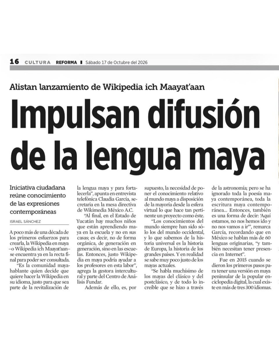 Wikimedia_mx's tweet photo. 📰 Impulsan difusión de la lengua maya

Por Israel Sánchez
17 OCT. 2026

🌟 Aquí puedes leer la nota completa https://t.co/PkfnN4CAR6