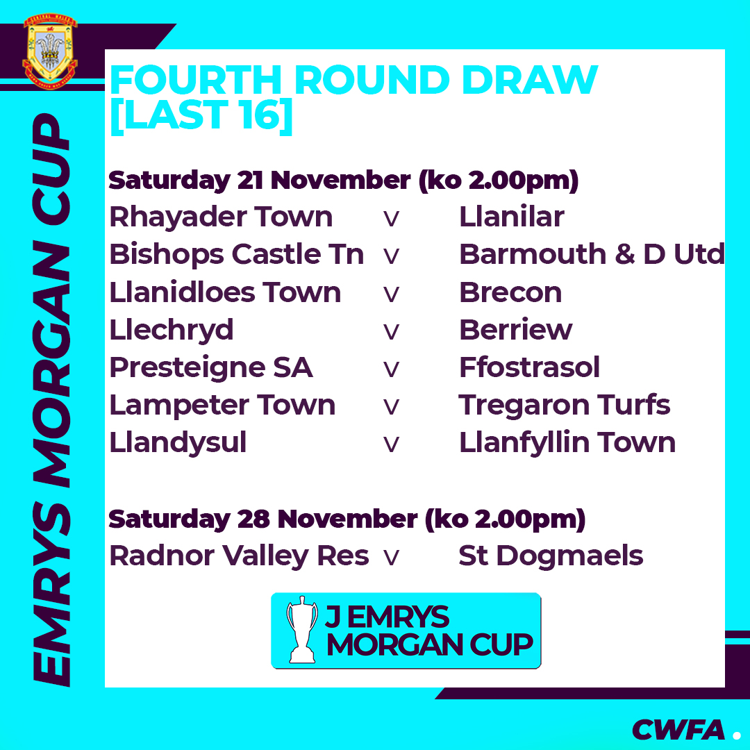 CentralWalesFA's tweet photo. The 4th Round of the #EmrysMorganCup has been made with 8 cracking ties to be played next month for a spot in the Quarter Finals #CWFA 🏆 https://t.co/PGothIX3vu