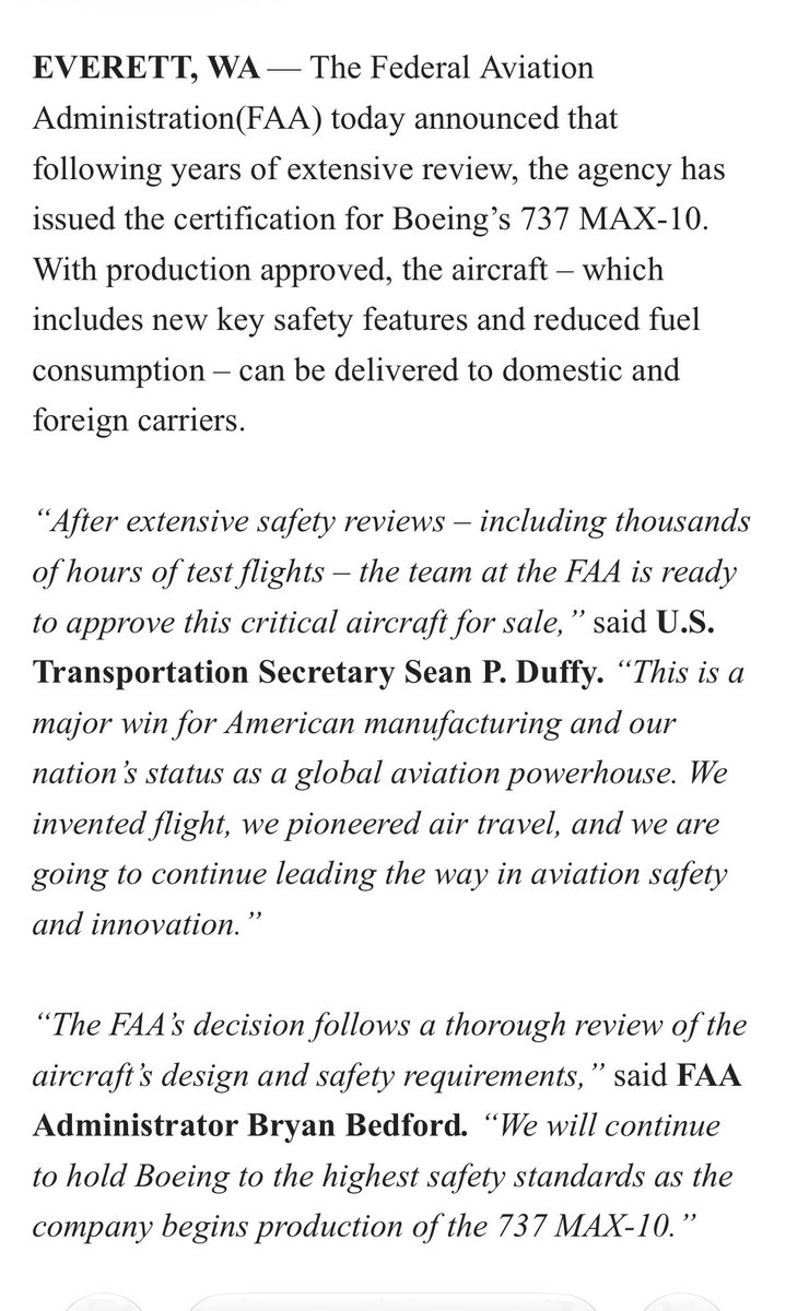 davidshepardson's tweet photo. .@FAANews confirms it has certified the Boeing 737 MAX 10 https://t.co/ot5ktq3RgV