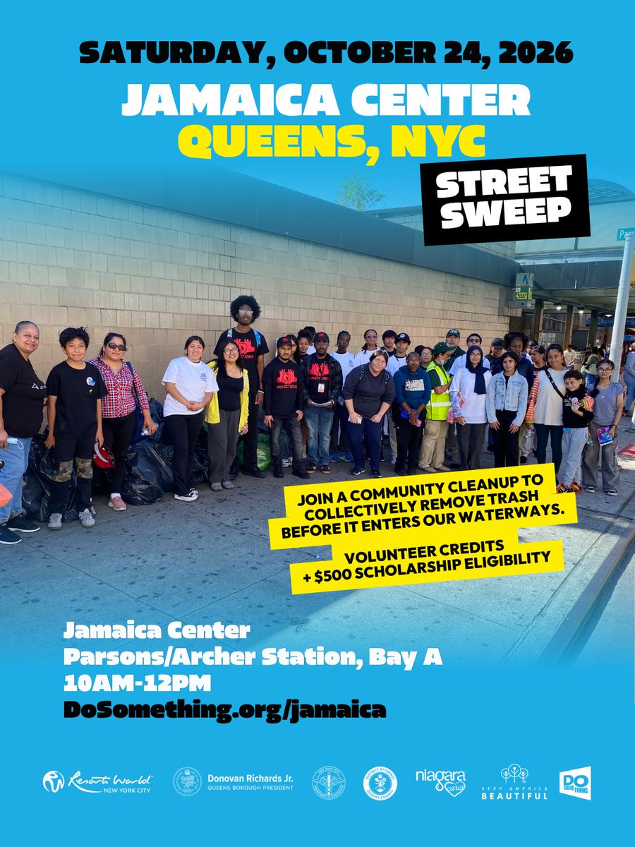 dosomething's tweet photo. Queens, there’s still time to show up for your community! 💚 Join our Jamaica, Queens Street Sweep cleanup to pick up litter, help protect local waterways, and make an impact alongside your neighbors.

📅 Saturday, October 24 | 10 AM–12 PM
📍 Jamaica Center Parsons/Archer Station, Bay A

➡ Cleanup supplies provided
➡ Earn 10 volunteer credit hours
➡ Be eligible for the opportunity to earn a $500 scholarship!

Bring a friend and register at https://t.co/suVEjkQVUX

Thanks to our partners @resortsworldnyc, @queensbprichards, @department_of_sanitation, @queensdakatz for their support, and @niagaracares @keepamericabeautiful for helping to ensure young changemakers have the tools they need to make an impact!