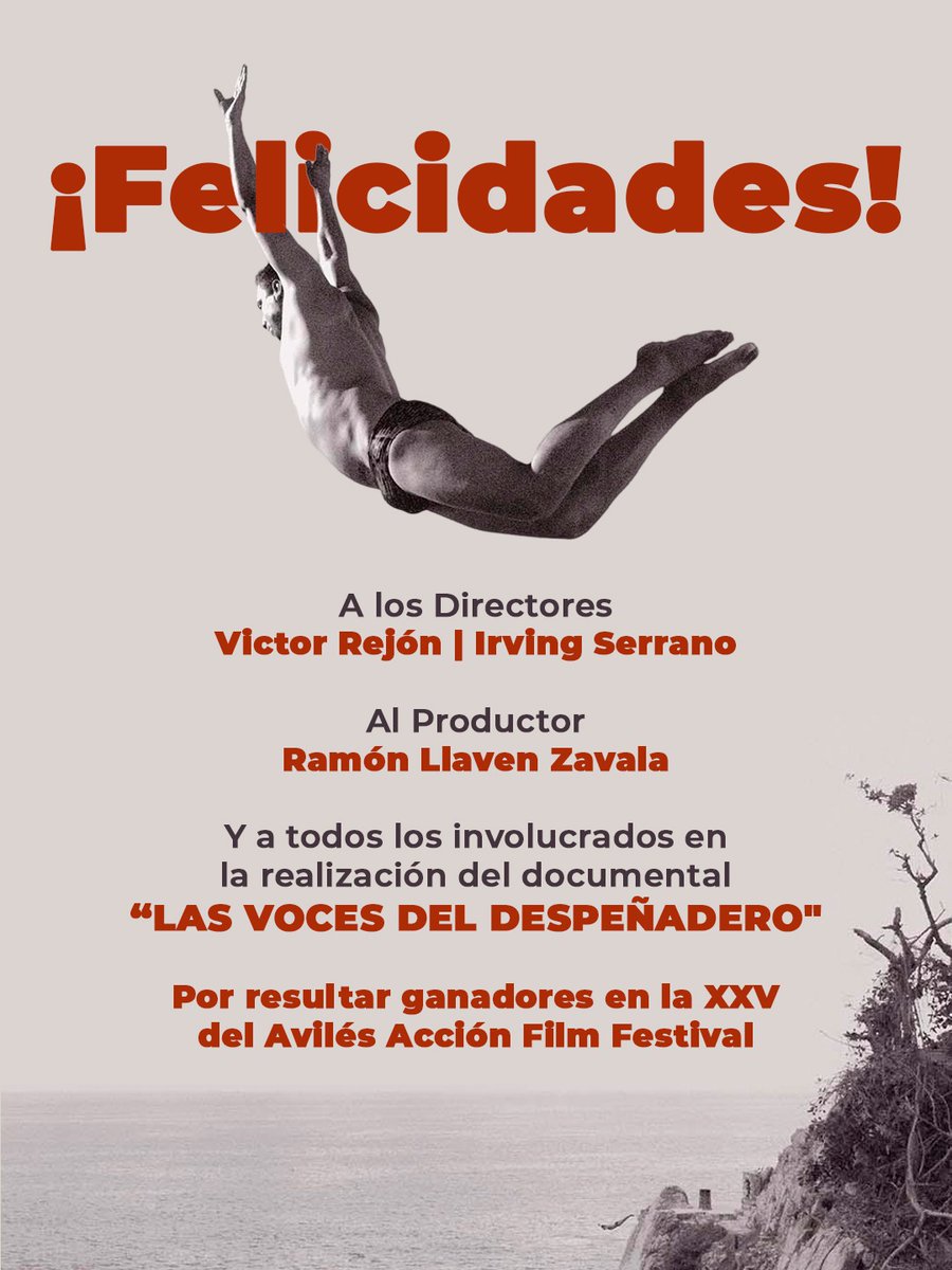 Sebas_RM's tweet photo. Muchas felicidades a Víctor Rejón e Irving Serrano por el premio al cortometraje documental "Las voces del despeñadero", en la 25.ª edición del Avilés Acción Film Festival. 🏆🎬

Me da mucho gusto ver que su trabajo siga cosechando éxitos y que a través de este documental, la tradición y el talento de los clavadistas de Acapulco lleguen a más personas y se den a conocer en todo el mundo.

Enhorabuena, que vengan muchos éxitos más. ✨