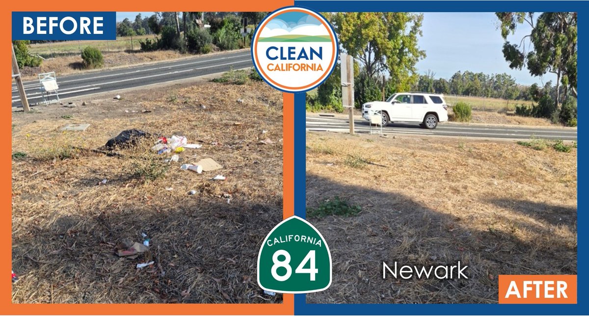 CaltransD4's tweet photo. Caltrans is doing its part to help get California to #ZeroLitter, like cleaning up this mess at CA-84’s Newark Blvd. exit in Newark. Please do your part by creating no new litter. 💙🚮 #CleanCA @CAgovernor @CA_Trans_Agency @CaltransHQ https://t.co/VuTYLQEQfr