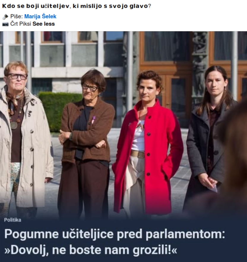 Libertarec's tweet photo. Pozor: v hujskanje zavedenih dijakov na ulice po francoskem vzoru se je vključila tudi Jana (Odlazek) s povsem izmišljeno zgodbo o učiteljih, ki jim v resnici nihče nič noče in lahko mislijo kar hočejo. Gre za direktno strankarsko agitacijo Levice, da se ustvarja pridresirani histerijo in psihozo "obrambe šolstva".