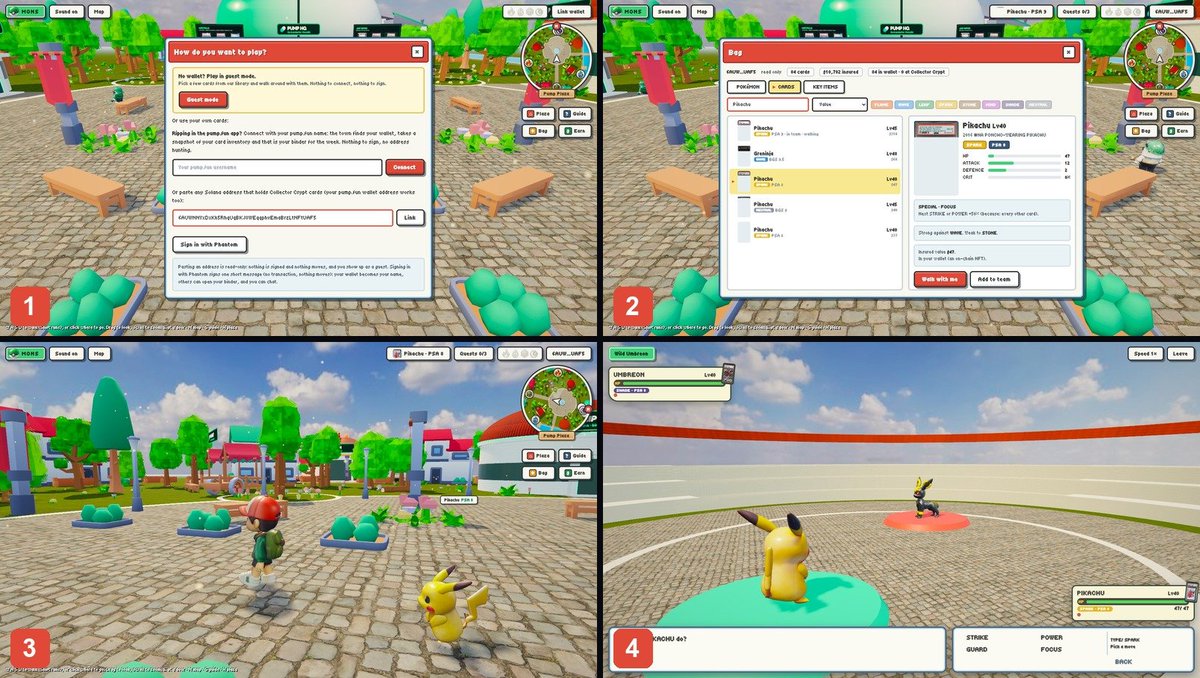Monsworldsfun's tweet photo. How to play MONS:

1.Connect your wallet or enter pumpfun username at https://t.co/KB6UU0WaIi
2. Open your Bag, pick a card, tap Walk with me
3. Your Pokémon walks beside you in 3D
3. Battle wild Pokémon, gyms and ranked players for USDC on prize days

No wallet? Play in Guest mode.