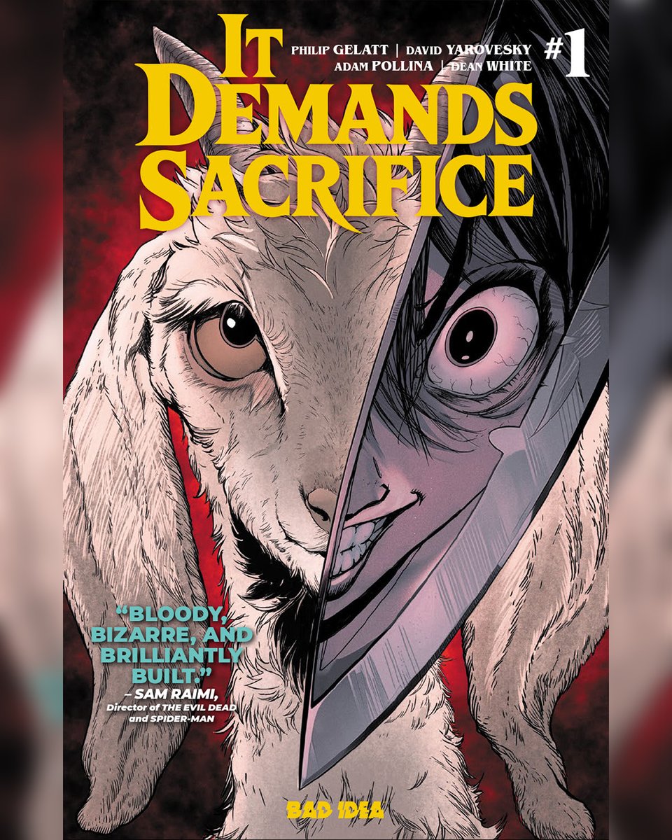 badideahello's tweet photo. IT DEMANDS SACRIFICE #1, the horror comic book event of the year kicks off TOMORROW!

Emmy Award-winning screenwriter Philip Gelatt (LOVE, DEATH & ROBOTS)! Acclaimed filmmaker David Yarovesky (BRIGHTBURN)! Visionary artist Adam Pollina (X-FORCE, PYRATE QUEEN)! Eisner Award-nominated colorist Dean White (CONAN THE BARBARIAN)!

Unleash a massive 48-page premiere issue. PLUS, we've included FOUR mega teasers of new books we're launching next year!

One we've already revealed this year at New York Comic Con: COURIER by New York Times best-selling writer Robert Venditti and global sensation Acky Bright. The next three...well, you'll just have to pick up a copy of IT DEMANDS SACRIFICE #1 to find out what they are.

Pick up your copy of IT DEMANDS SACRIFICE #1 and be the first to see the four teasers of BAD IDEA's juggernaut titles launching next year.
 
For now, read the lettered preview of IT DEMANDS SACRIFICE #1!

EVEN MORE: https://t.co/DAENZgh8Wn