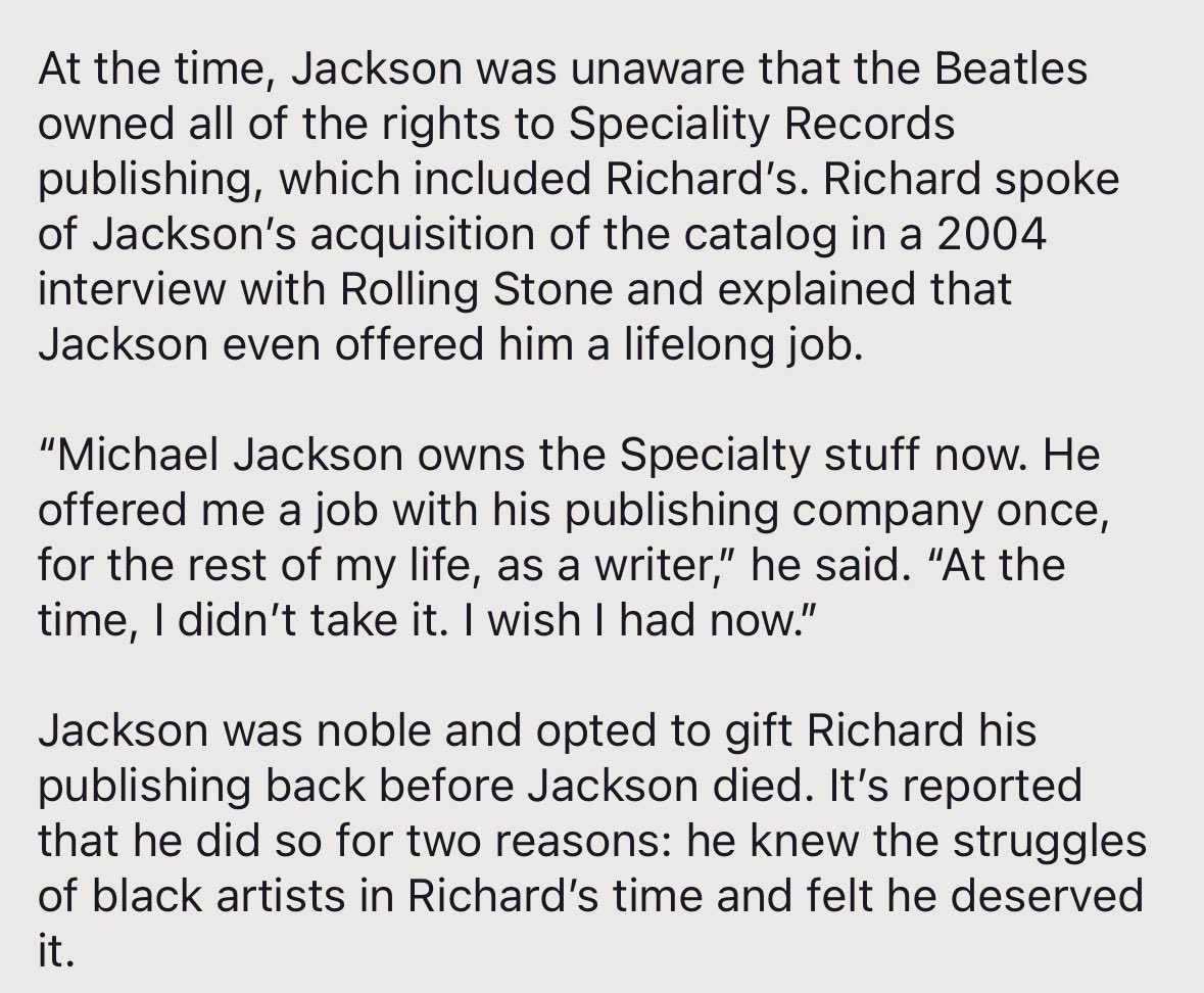 myapriest's tweet photo. i just wanna remind yall on who michael was as a person, he offered little richard a lifetime job bc he knew the struggles of black artists at time. little richard even spoke highly of him!! https://t.co/7DDDdLav2Z