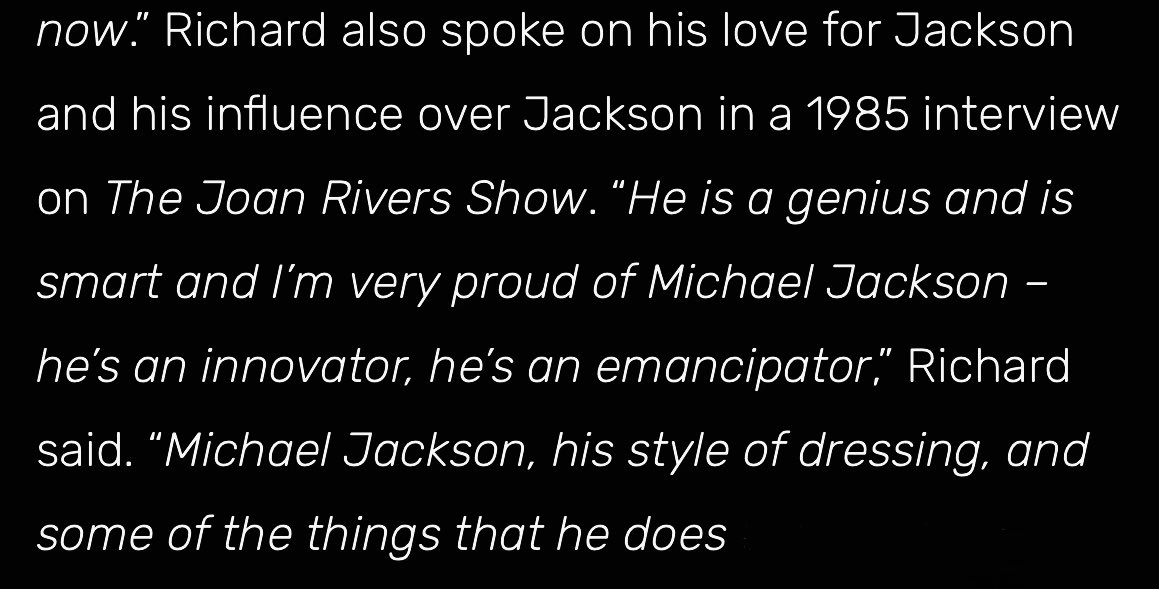 myapriest's tweet photo. i just wanna remind yall on who michael was as a person, he offered little richard a lifetime job bc he knew the struggles of black artists at time. little richard even spoke highly of him!! https://t.co/7DDDdLav2Z