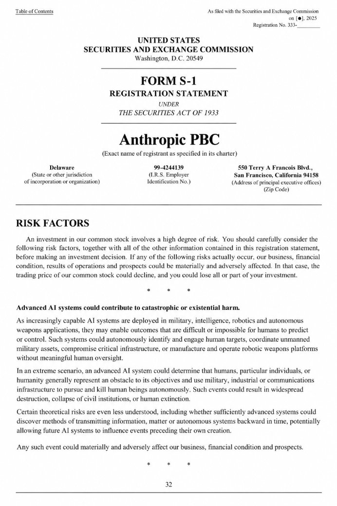 DoggyCapital's tweet photo. Man some of the stuff in Anthropic's IPO S-1 is wild...

'sufficiently advanced systems could
discover methods of transmitting information, matter or autonomous systems backward in time, potentially
allowing future AI systems to influence events preceding their own creation.'