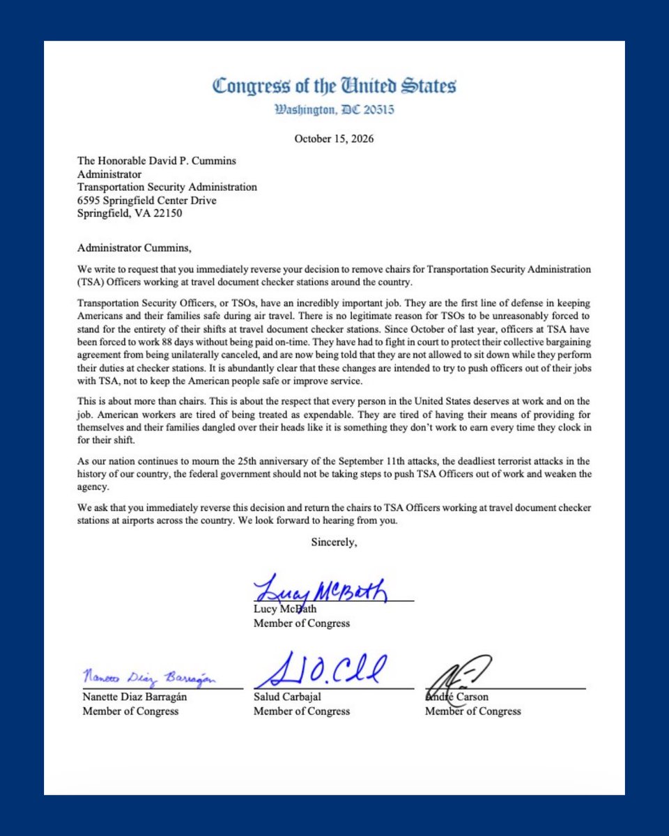RepTimKennedy's tweet photo. TSA officers are responsible for keeping our airports and skies safe, they deserve respect and dignity, not policies that make their jobs harder.

As an occupational therapist, I know that standing on the job without proper precautions takes a toll on back, feet, and joints, and causes long-term health issues. Removing chairs from document-check stations nationwide raises serious concerns about worker safety and health. Officers should be able to do their jobs safely and comfortably, whether sitting or standing.