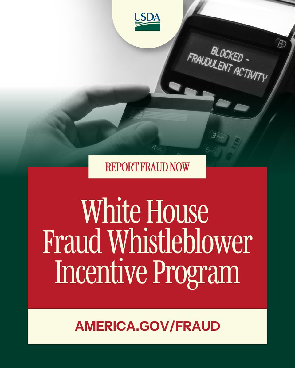 USDA's tweet photo. PROTECT AMERICAN TAXPAYERS 🇺🇸💰

@POTUS and @VP just announced the @WhiteHouse's Fraud Whistleblower Incentive Program! Now YOU can report things like SNAP fraud, and get rewarded for turning in a fraudster.

Join the fight. Stop fraud today 👊

https://t.co/UT1kn0dOsb https://t.co/WawNvcmv9m