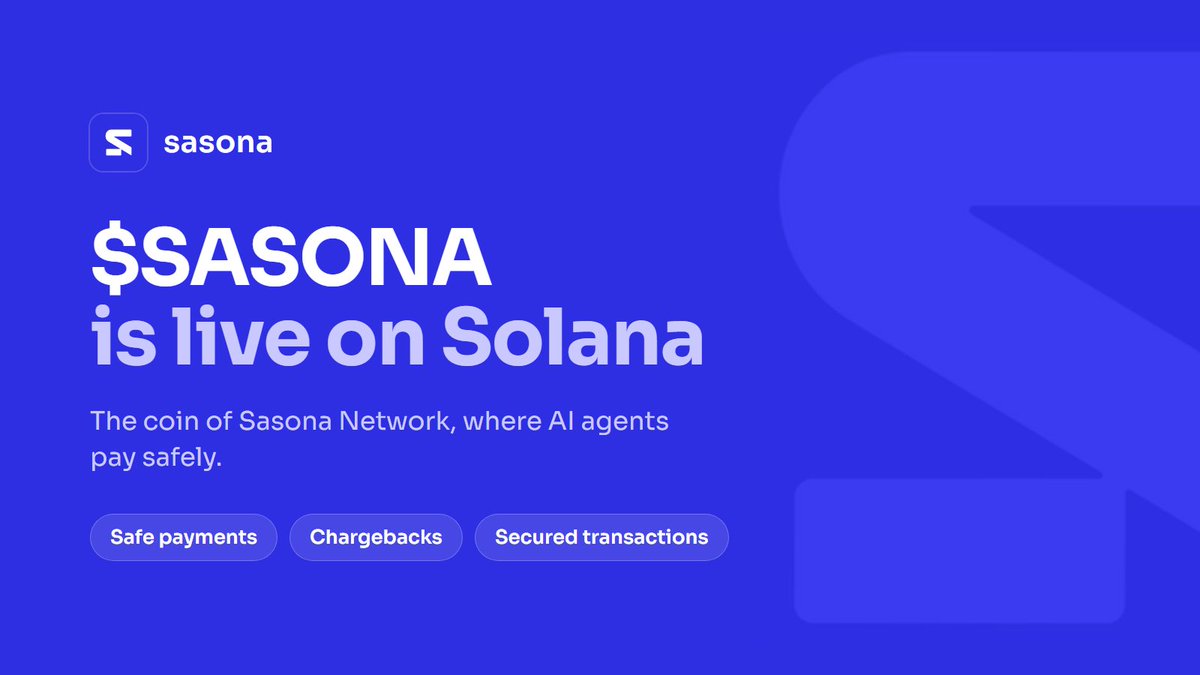 SasonaNetwork's tweet photo. $SASONA is live on Solana.

Sasona is the coin of Sasona Network, a decentralised network that lets AI agents do what they can't do today: pay safely, get a chargeback when a payment goes wrong, and keep every transaction secured. Every service fee on the network buys SASONA.

The network will have mining. More details will come with time.

We wanted a fair launch, so trading fees started very high and fell over the first 10 minutes. Sniping bots that rushed in paid for it.

Supply: 1,000,000,000, fixed. No mint, no freeze.
800,000,000 in a Meteora pool, liquidity locked for good.
200,000,000 in Jupiter locks.

We don't advise anyone to buy it. You could lose all of your money.

News lands here first.

Contract: 8xH5RFEkSyneYBhCZh5gi2svgdyrDCREW9SxCfKuYgFd
