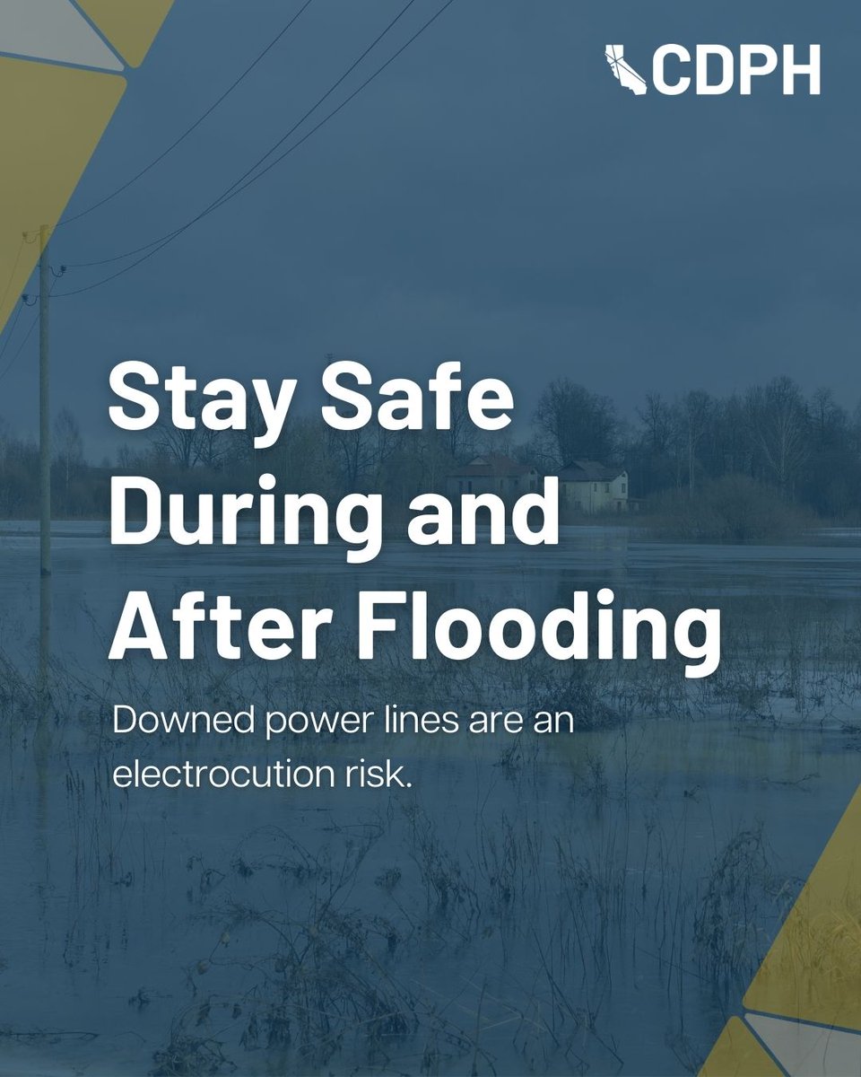CAPublicHealth's tweet photo. Never drive around downed power lines as they can be an electrocution risk. Report downed power lines to 9-1-1 and your utility. Safety tips and more at https://t.co/WQr2ETYbpV https://t.co/1HhopfR10U