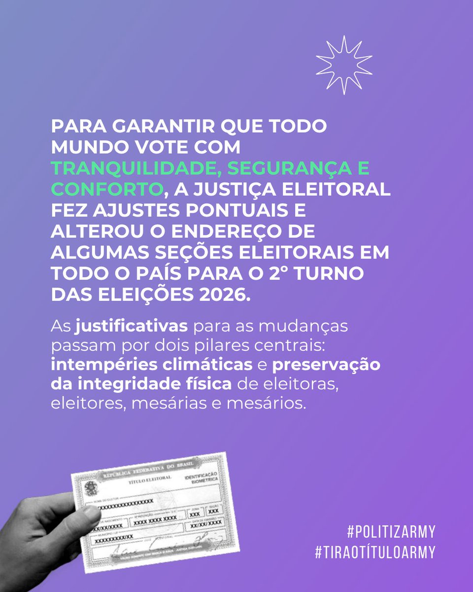 ARMY_HTP's tweet photo. Ei, ARMY! Já confirmou a sua sessão para votação no 2° turno? 🗳

A Justiça Eleitoral fez ajustes pontuais e alterou o endereço de algumas seções eleitorais em todo o país para o 2º turno das Eleições 2026. 

A consulta pode ser feita pelo aplicativo e-Título ou pelo menu Autoatendimento Eleitoral, no portal do tribunal (veja o passo a passo abaixo). 

Não deixe pra última hora! 

#ArmyNasUrnas #TiraOTítuloArmy #PolitizArmy