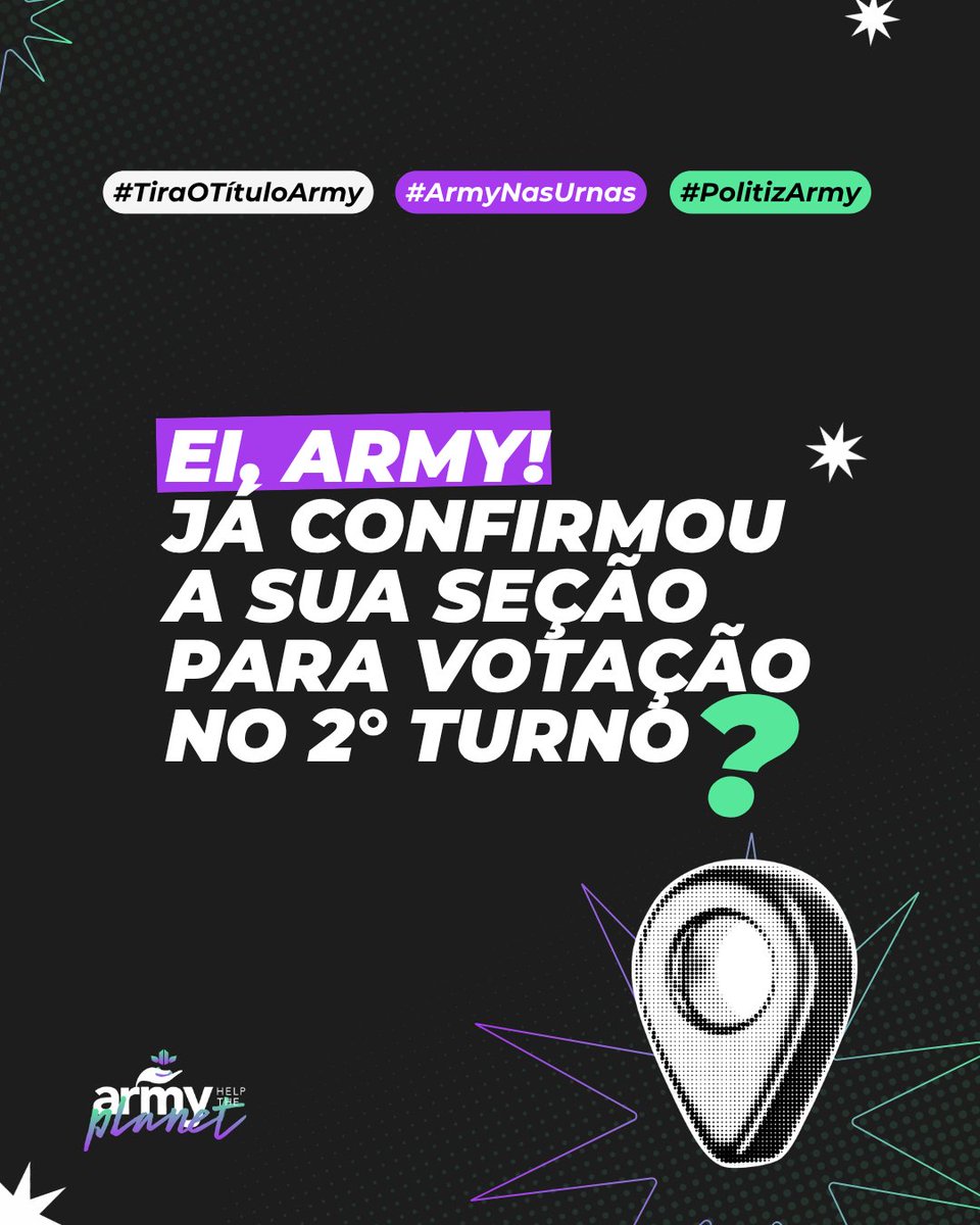 ARMY_HTP's tweet photo. Ei, ARMY! Já confirmou a sua sessão para votação no 2° turno? 🗳

A Justiça Eleitoral fez ajustes pontuais e alterou o endereço de algumas seções eleitorais em todo o país para o 2º turno das Eleições 2026. 

A consulta pode ser feita pelo aplicativo e-Título ou pelo menu Autoatendimento Eleitoral, no portal do tribunal (veja o passo a passo abaixo). 

Não deixe pra última hora! 

#ArmyNasUrnas #TiraOTítuloArmy #PolitizArmy
