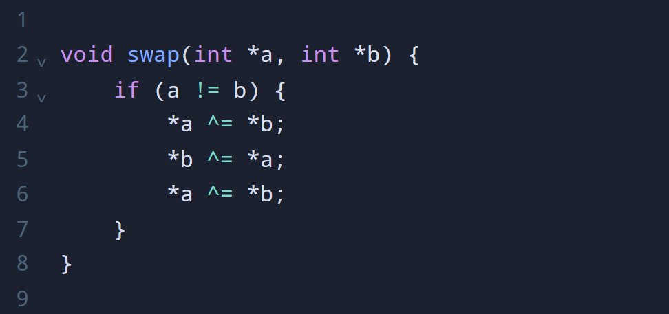 straceX's tweet photo. Interviewer: Swap two integers in C without using a third temporary variable and without risking arithmetic overflow.

Systems programmer: https://t.co/r1v9WLdqwF