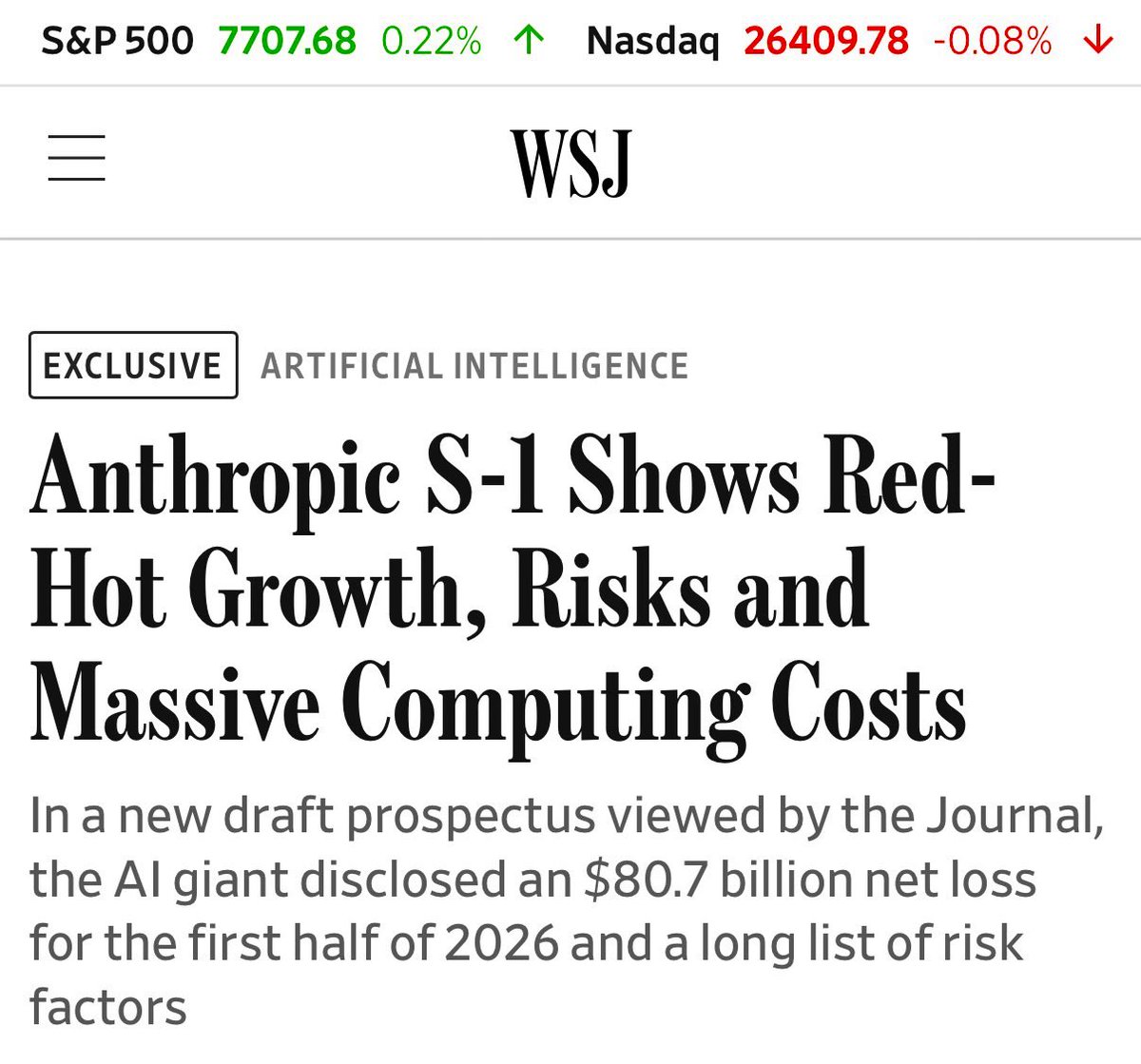 brewmarkets's tweet photo. Anthropic recorded a net loss of $80.7 billion in the first half of 2026, per WSJ. https://t.co/Up9NhikEbv