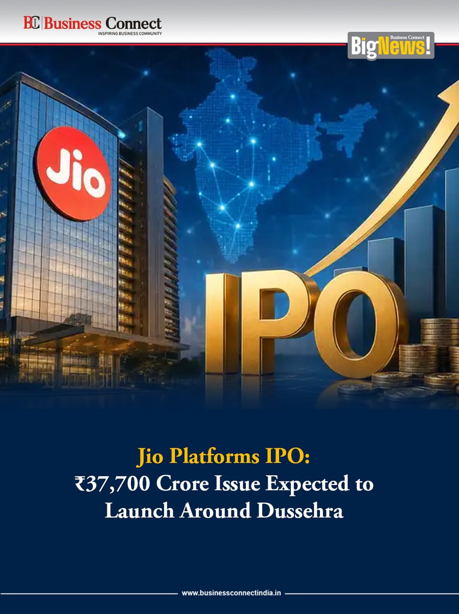 rileyanarq's tweet photo. Jio Platforms IPO update: Mukesh Ambani-led Jio Platforms’ much-awaited IPO could launch around Dussehra with an estimated issue size of ₹37, 700 crore. It may open from October 21–23, list on October 28, and carry a ₹1, 150–₹1, 220 price band. https://t.co/wwqDTtnydF