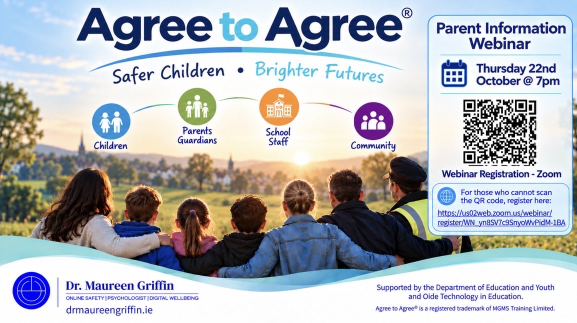 MounthawkMercy's tweet photo. We’re proud to join the Agree to Agree® Pilot Project, supported by the Department of Education and Youth. Parents and guardians are strongly encouraged to join Dr Maureen Griffin’s online webinar on Thurs 22 Oct at 7pm. Register via Compass or the poster QR code. https://t.co/o1h5Fcqujr