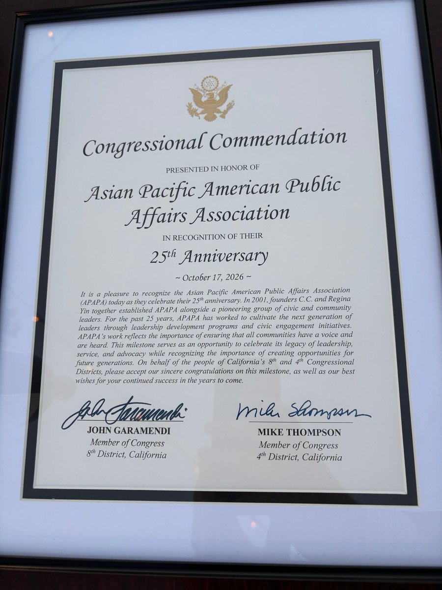 RepThompson's tweet photo. The Asian Pacific American Public Affairs Association recently celebrated 25 years of working to uplift Asian American and Pacific Islander communities through public service, education, advocacy, and leadership development. Thank you for your twenty-five years of service to our community!