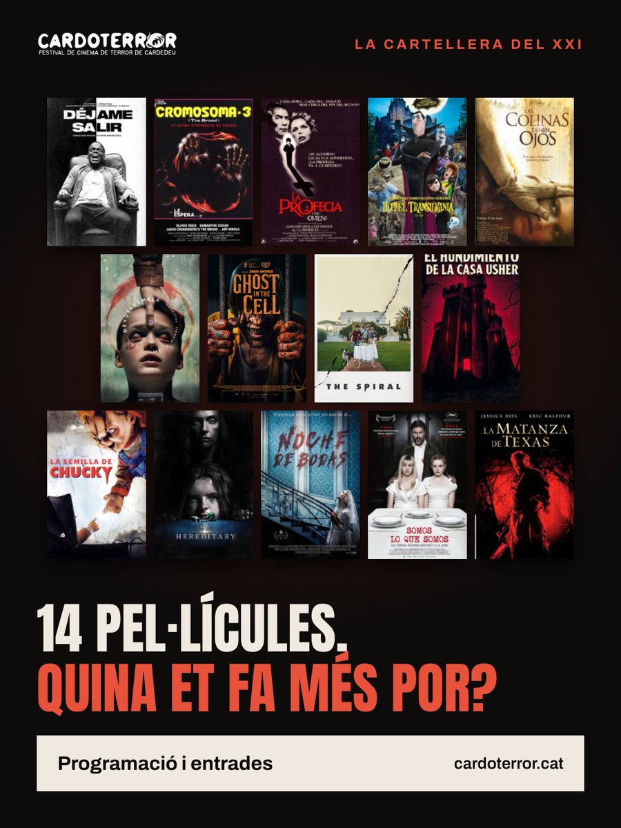 Cardoterror's tweet photo. 🎬 Ja tenim cartellera! 14 pel·lícules per al Cardoterror XXI: de Hotel Transsilvània a La matanza de Texas, passant per Hereditary o La profecía 😱 Quina et fa més por? 👇 Programació i entrades a https://t.co/hcYaGyYPCk
#Cardoterror #CardoterrorXXI #Cardedeu #CinemaDeTerror https://t.co/CV4oF4TImD