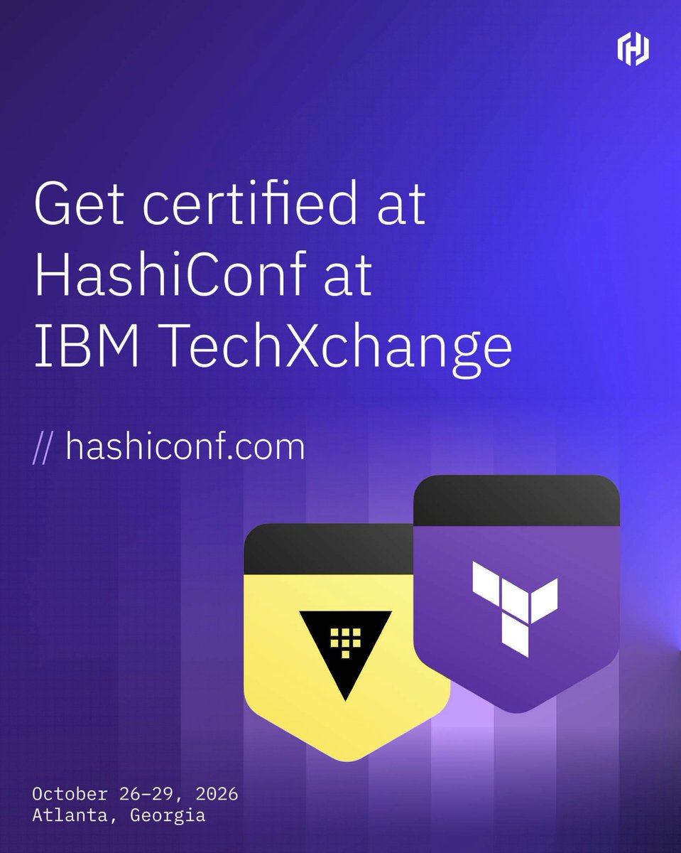 HashiCorp's tweet photo. Planning to certify at HashiConf at IBM TechXchange? Start with our curated roadmap of exam objectives, learning content, and supporting resources.

Looking for a smarter way to study? Feed the exam content list into @IBM Bob and prompt it to generate practice questions based on the exam objectives. It's a great way to turn the exam blueprint into an interactive study session. 🤖

Available Certifications and their study resources:
Terraform Associate: https://t.co/pPqiVkx8qG
NEW: Terraform Infrastructure Engineer Professional: https://t.co/iU3MUqIODx
Terraform Authoring and Operations Advanced: https://t.co/OZXqkn4GCA
Vault Associate: https://t.co/epsUGjkwuO
Vault Operations Advanced: https://t.co/Uu15DnimnZ

🚨 Advanced (lab-based) exams must be pre-scheduled by Oct 24th, limited slots available! Sign up: https://t.co/JaPo27ypY5