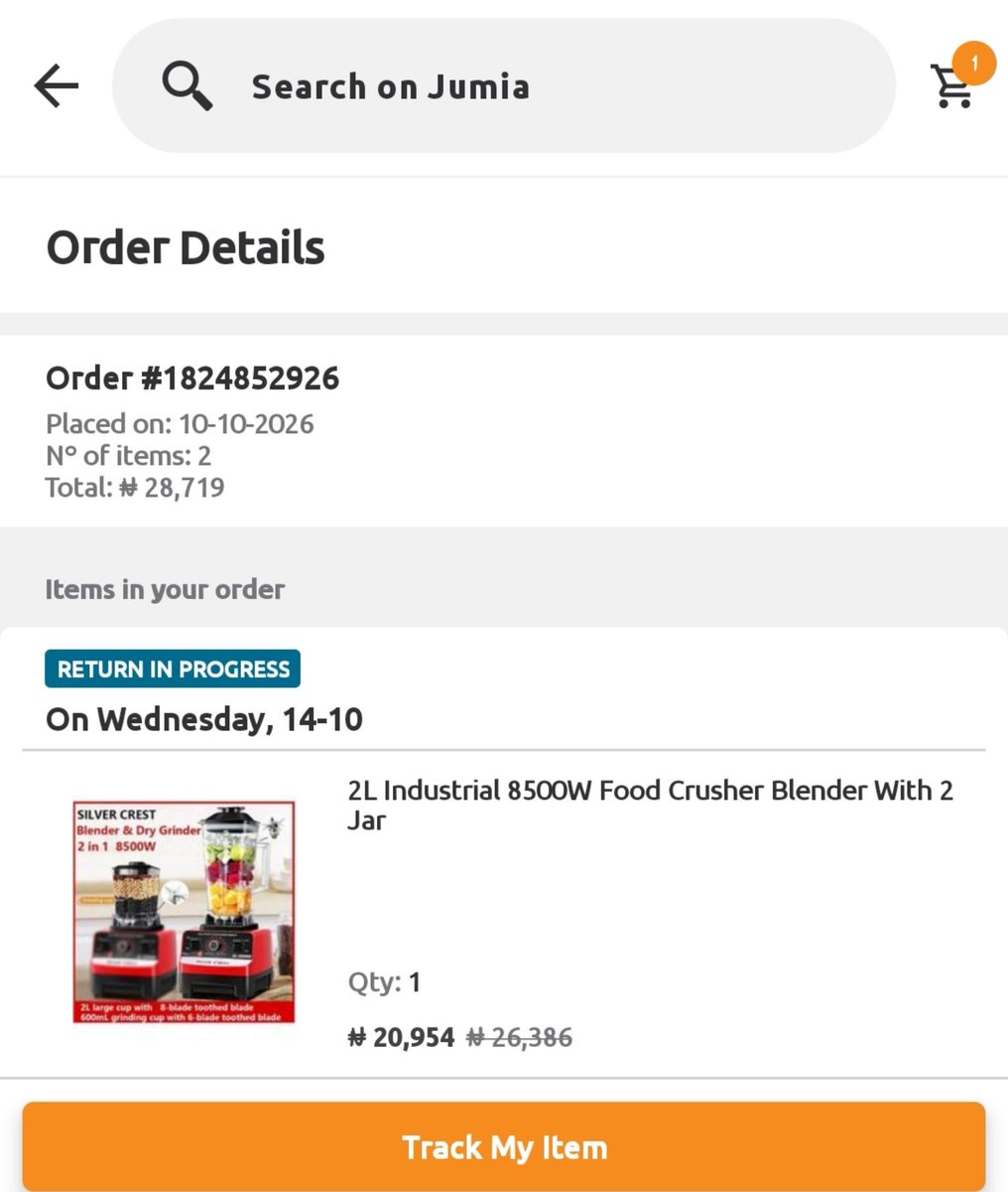 Iambossdi's tweet photo. @JumiaNigeria What the nonsense?
I ordered blender worth #20,954
The worst part is when it was delivered the package has two label....I.e a customer has rejected it before and it was packaged for me again 
The blender is broken 
I made a refund and yet to receive my refund 
What the nonsense? https://t.co/xkWwLlFOG4