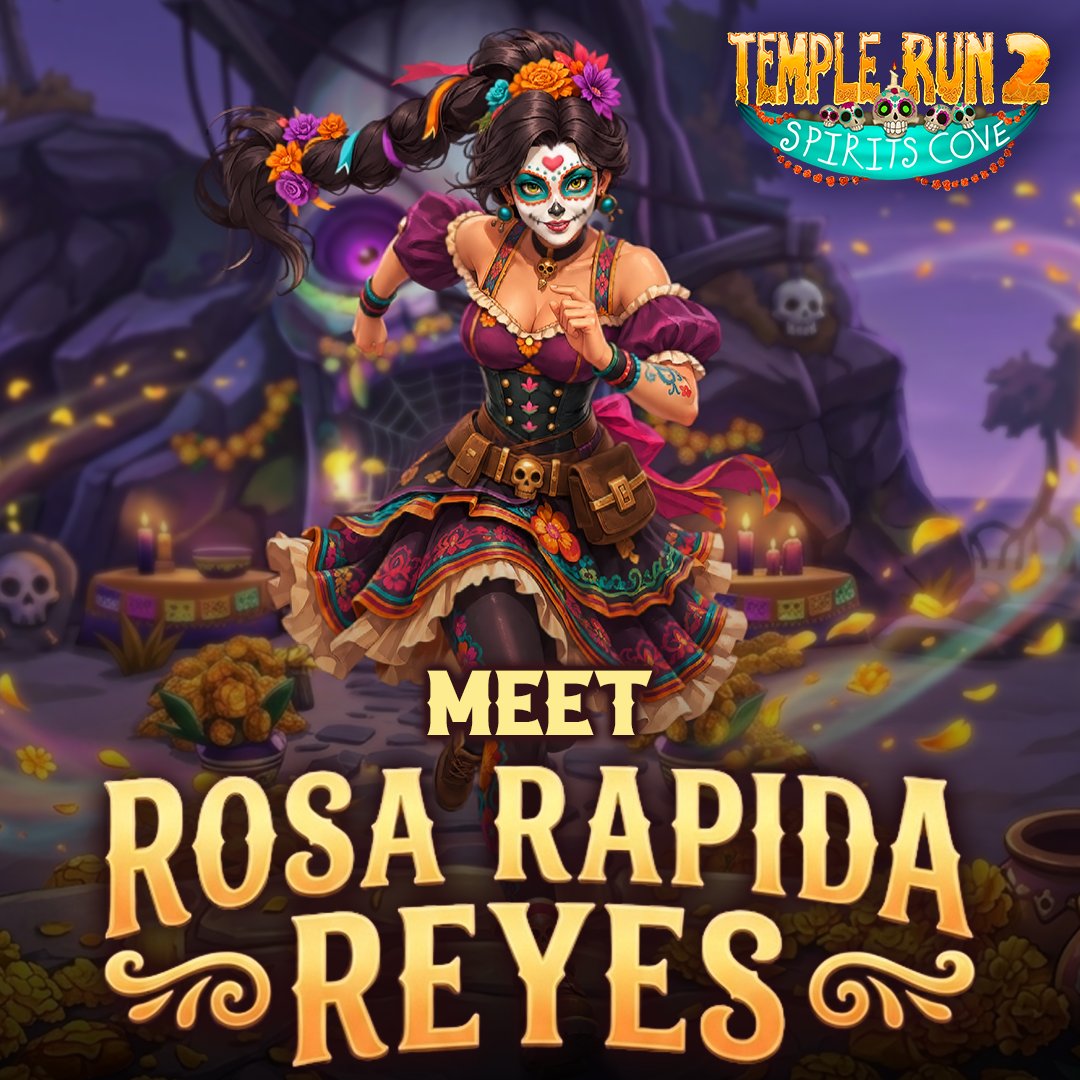 TempleRun's tweet photo. Meet Rosa "Rápida" Reyes 💀🌼 
Inspired by Día de los Muertos, a new spirit has arrived in Temple Run 2.   
Run with Rosa and celebrate the Festival of Spirits for a limited time!  

🕹️ Play now: https://t.co/J0VThXbMw9 

#TempleRun https://t.co/khgzPvbcwd