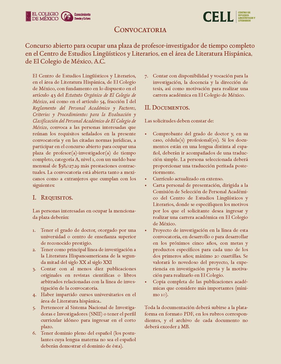CELLColmex's tweet photo. El @CELLColmex convoca a investigadoras e investigadores en el área de #Literatura para ocupar una plaza de profesor(a) investigador(a) de tiempo completo 📢

👉Consulta las bases en https://t.co/BZeBXNtSQA

📅Cierre de la convocatoria: 15 de enero del 2027. https://t.co/KNmizn3QpC