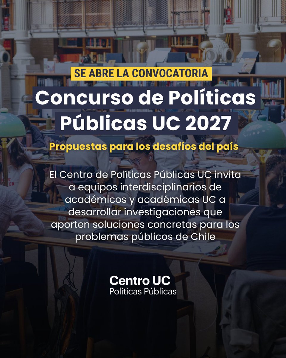 cppublicasuc's tweet photo. 🏛️ Ya está abierta la convocatoria al Concurso de Políticas Públicas UC 2027.

Buscamos equipos interdisciplinarios que desarrollen propuestas concretas para abordar desafíos públicos del país.

💰 $9 millones de financiamiento
📅 Postulaciones hasta el 30 de noviembre
📄 Bases, formulario y declaración en:
https://t.co/k6LP4JKvTq

@ucatolica