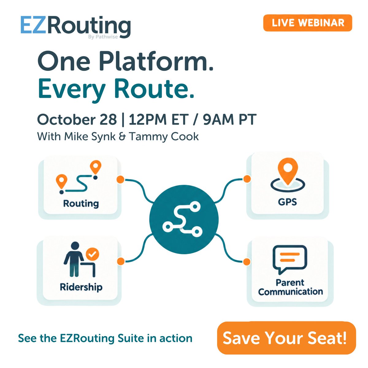 PathwiseK12's tweet photo. On October 28 at 12:00 p.m. ET, Tammy Cook and Mike Synk show how EZRouting Suite carries one student record from the SIS to the route, the driver tablet, and the parent app. Register at the link: https://t.co/uMS791a7Lo
#StudentTransportation #K12 #ParentCommunication https://t.co/tIR8BHX75W