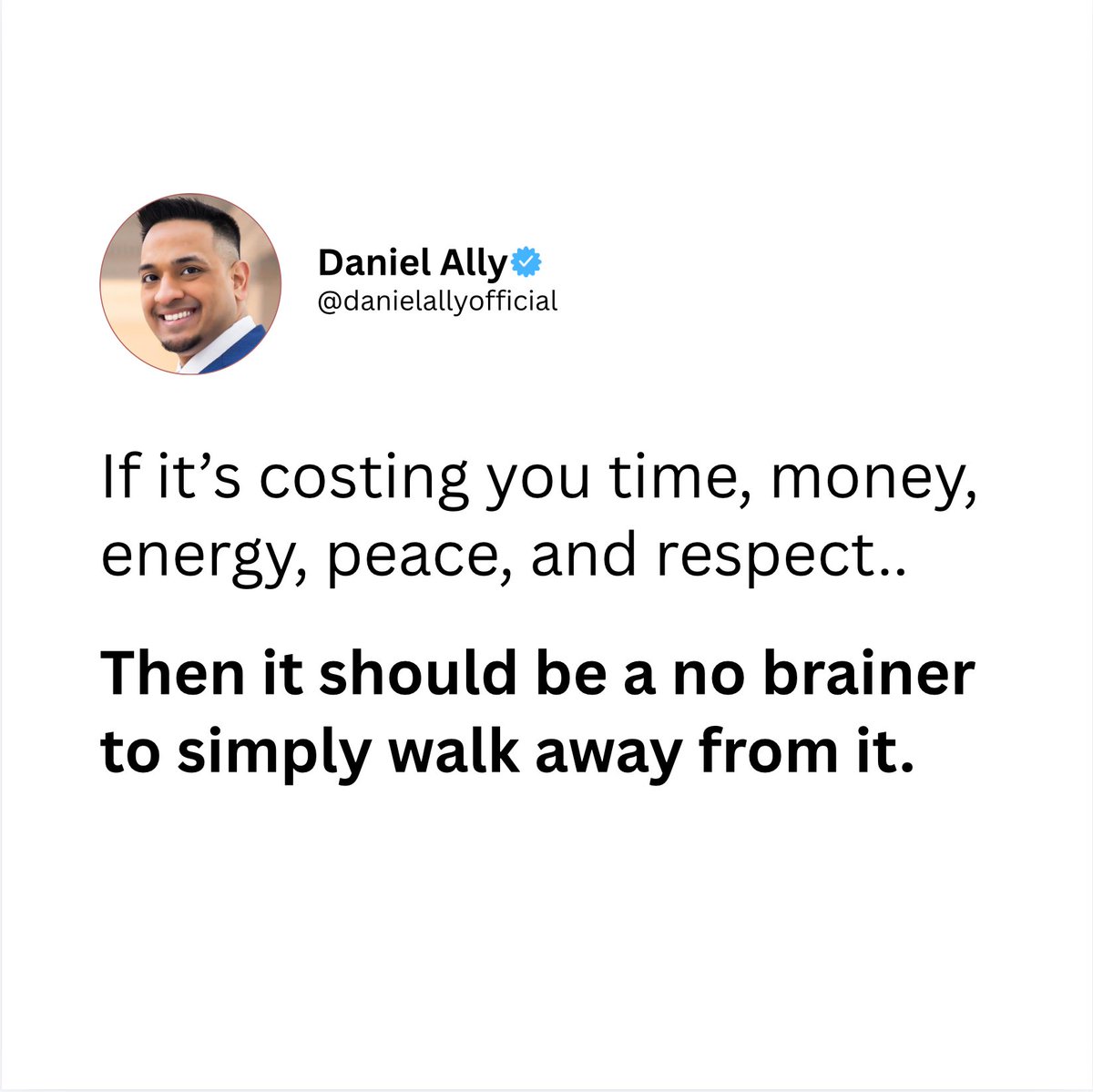 danielallyway's tweet photo. HOW TO FIND BALANCE..

The other day, I had to make a critical decision in my life.

Let's just say that it wasn't an easy choice.

There was much pressure from those involved.

But when I understood the negative consequences of that particular engagement, mostly due to its attendees, l knew I had to avoid the entire situation.

Even though I was cordially invited by someone who deeply respected me.

And the results were better than I expected.

Some might wonder what I'm talking about?

It's very simple.

When you're in the midst of making decisions for your personal or professional life, you've got to be deliberate with the kind of outcome you want.

With my decision, I knew that if I “went with the crowd," it would've stolen my peace and energy in every possible way.

So I did the unexpected and said NO to the pressure.

After all, I thought to myself, "Why submit to people who would only want to take advantage of me?"

When I rejected their plans, I was immediately vindicated from the guilt they were trying to produce.

In the short-term, the people with ulterior motives were disappointed—but they still respected my intelligent decision to not fall into their heinous traps.

Here's the truth..

If anything costs you your peace and energy, then it's too expensive.

Don't go to places where there are many enemies who are actively looking to devour you.

Instead, put yourself in a position where God can empower you!

If you know you won't be fully accepted, then find the next best opportunity that God will lead you to!

That's how you get closer to accomplishing all that you were meant to do!

Type YES if you understand the magnitude of this message!👇🏽

- Daniel Ally