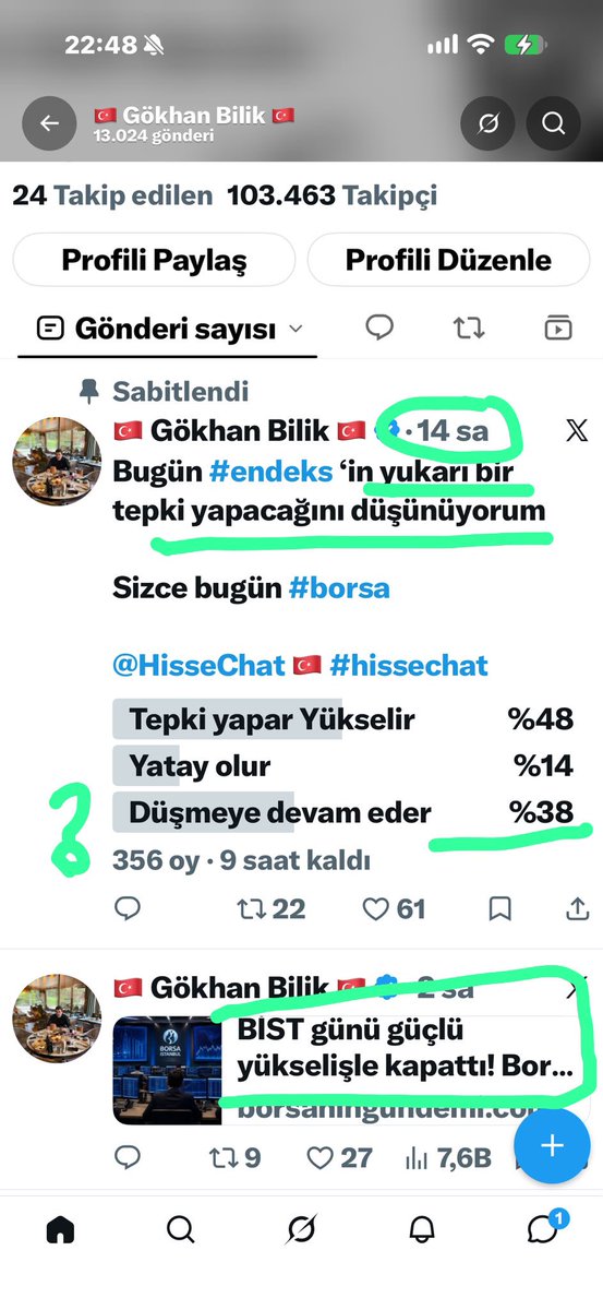 gokhanbilik1's tweet photo. Neden öyle düşündüler ? 

Demek ki piyasada para varmış ki güzel bir tepki yükselişi oldu bugün 

Ben size bunu sabah yazmıştım 
Demeyeceğim 

Antipatik oluyor ben dedim ! demedim mi ? demiştim !! demek .. 

Ancak burda konu 
İnsanların hala düşer diye düşünşüyor olmasıydı 

Neden düştü ki zaten 
Ve neden daha da düşsün ki 

Sizleri haber kirliliği ile bezdirdiler soğuttular 
Böyle düşünme nedeniniz bu 

Psikolojinizi yönetmeye çalışın 
Bunun için de, size yol gösteren 
Sizin moralinizi yüksek tutmaya size doğruları göstermeye çalışan kişilere karşı duyarsız ve pasif olmayın 

Mesela bir beğeni bile yeter 

Teşekkürler 

İyi geceler 

Adalet Birlik 🇹🇷 Gökhan Bilik
@HisseChat 🇹🇷 #hissechat