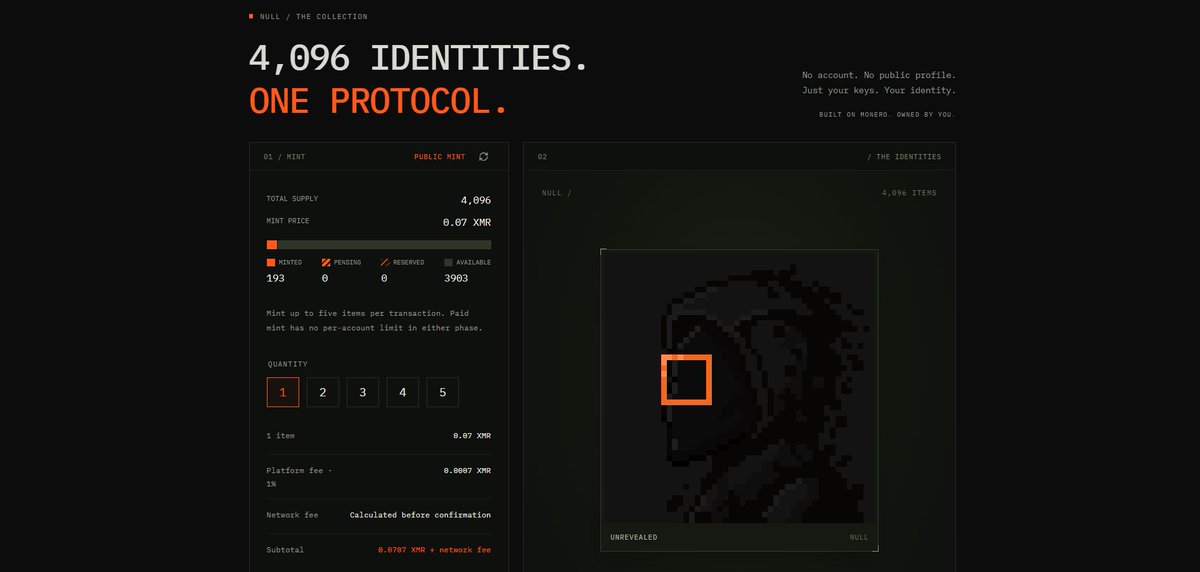 hashbl0ck's tweet photo. A public mint for the anonymous NFT collection @nullonxmr is currently underway on the Monero (XMR) blockchain

Total supply: 4096

There is no need to connect a wallet; a wallet is created directly on the website.

Mint closes Oct 22 at 18:00 UTC. All unsold NFTs will be burned https://t.co/m6o1bUJ77q