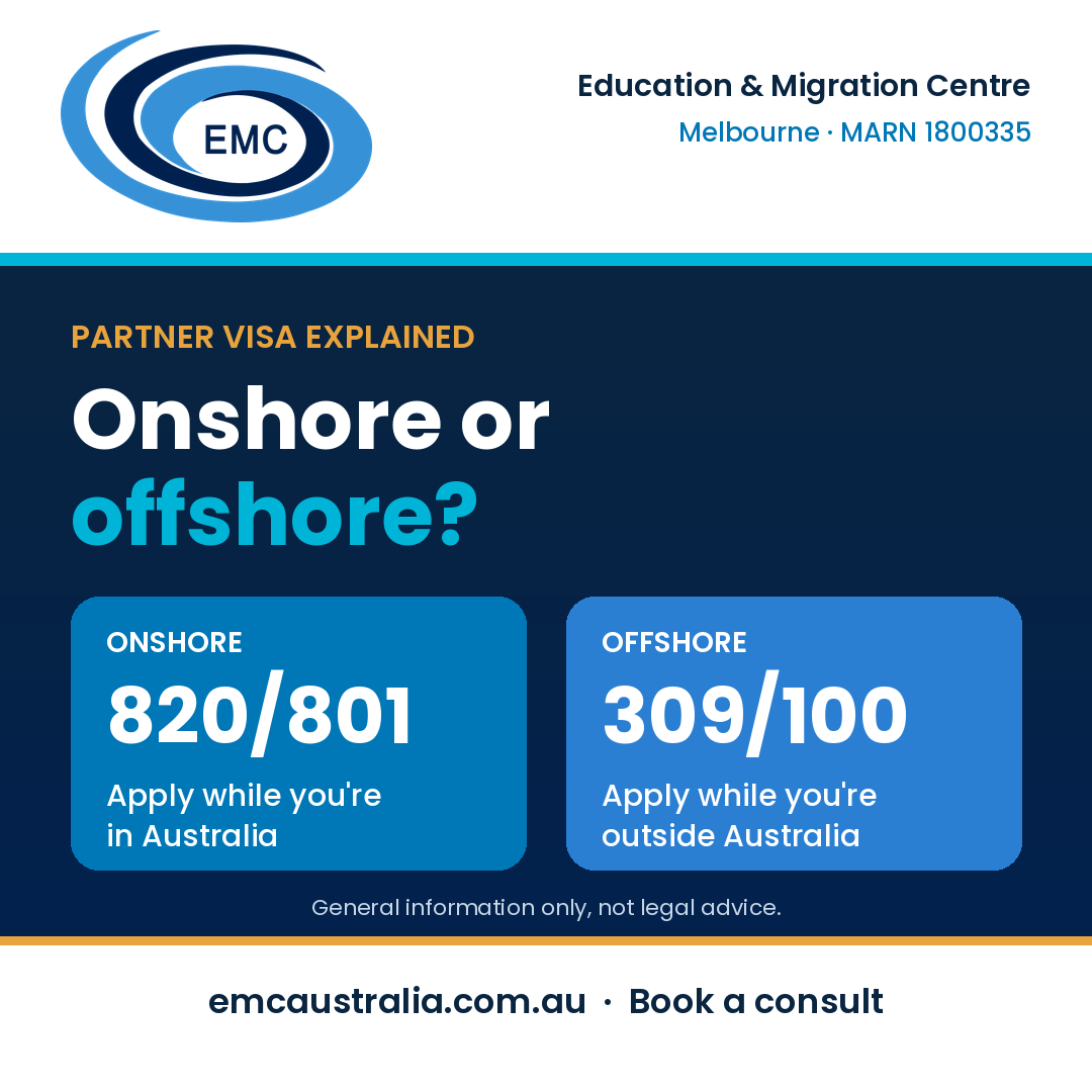 au_emc's tweet photo. Partner visa basics: 820/801 is lodged while you're in Australia. 309/100 is lodged while you're outside Australia. Both cover a temporary then permanent stage, with the permanent stage generally assessed 2 years after you apply.
#PartnerVisa
MARN 1800335 https://t.co/hQlO9GVURN https://t.co/yPB5Mgxvrr