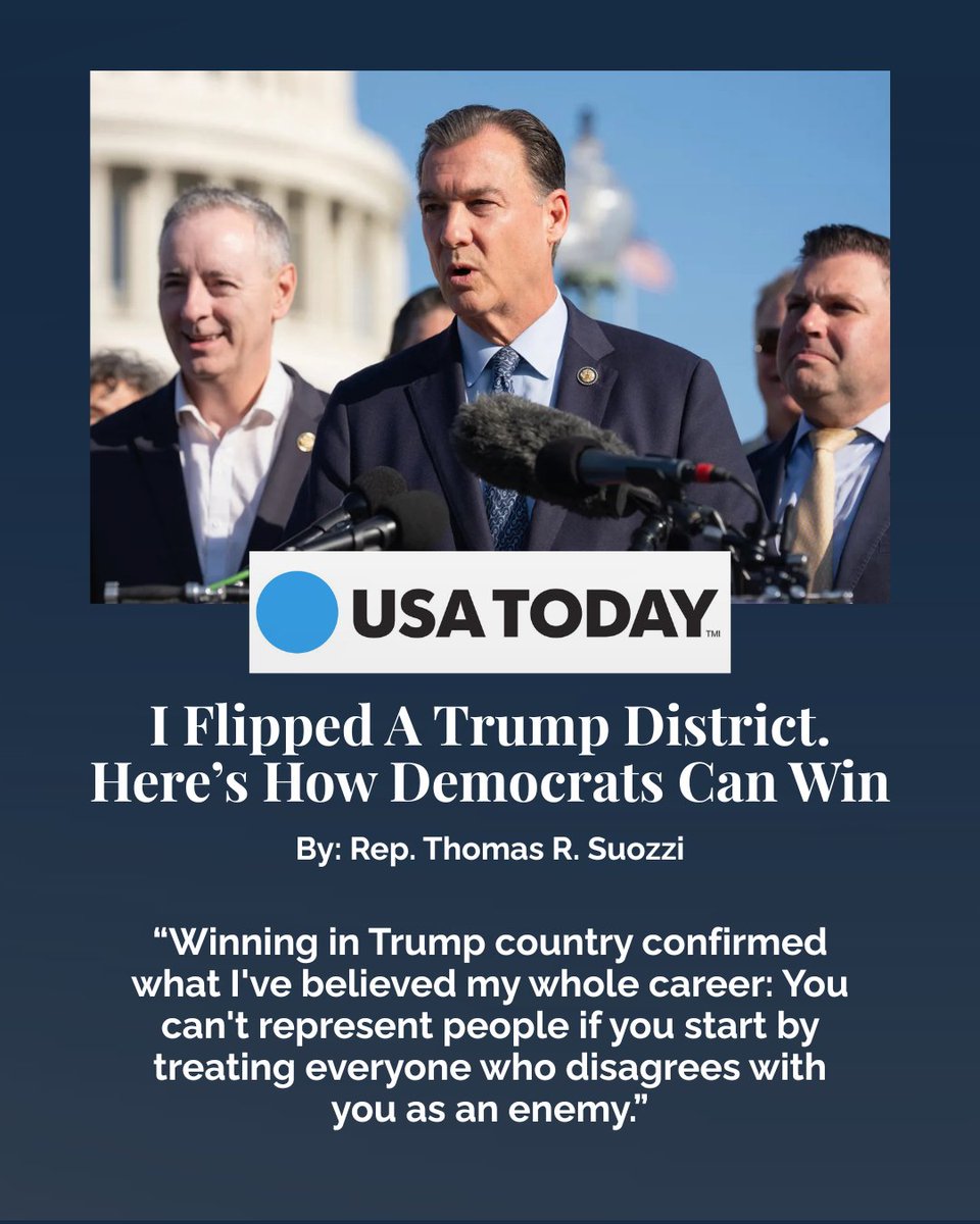 thepromise2026's tweet photo. "Our founding declaration fits on an index card: We are capitalist, not socialist. For safety, not lawlessness. Mainstream, not extreme. Proud, not ashamed of America.” @Tom_Suozzi 

New in @USATODAY: PTA Founding Signer Rep. Tom Suozzi makes the case for organizing mainstream Democrats around the Promise to America. Read it below 👇