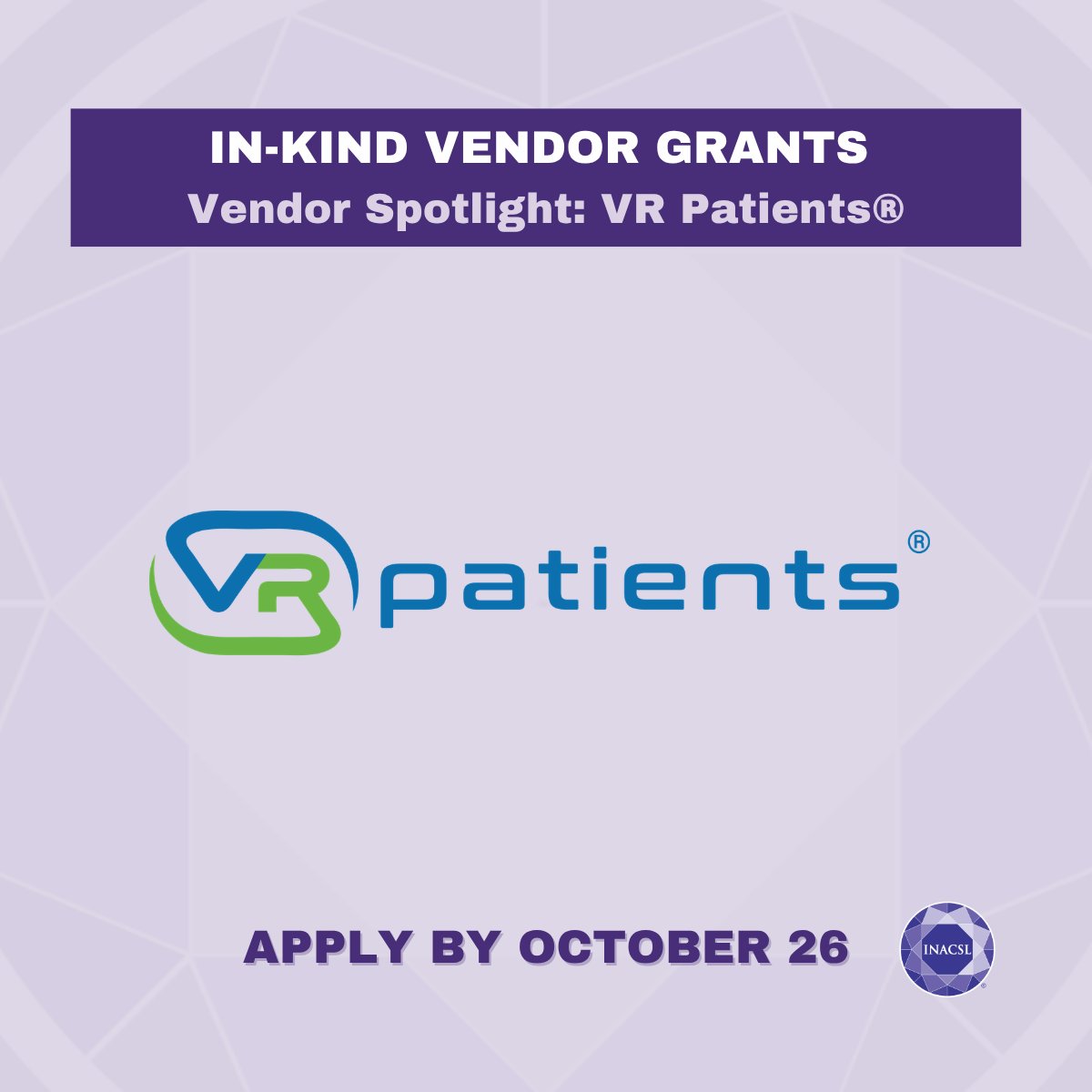 INACSL's tweet photo. 🔎 Vendor Spotlight: VR Patients®

Through the INACSL In-Kind Vendor Grant, 5 recipients will receive 12-month access to the VR Patients® platform, 12 hours of scenario-building training, and technical support to advance simulation-based research.

Apply: https://t.co/GqqsfLxRJm https://t.co/RoSzzrRSxK