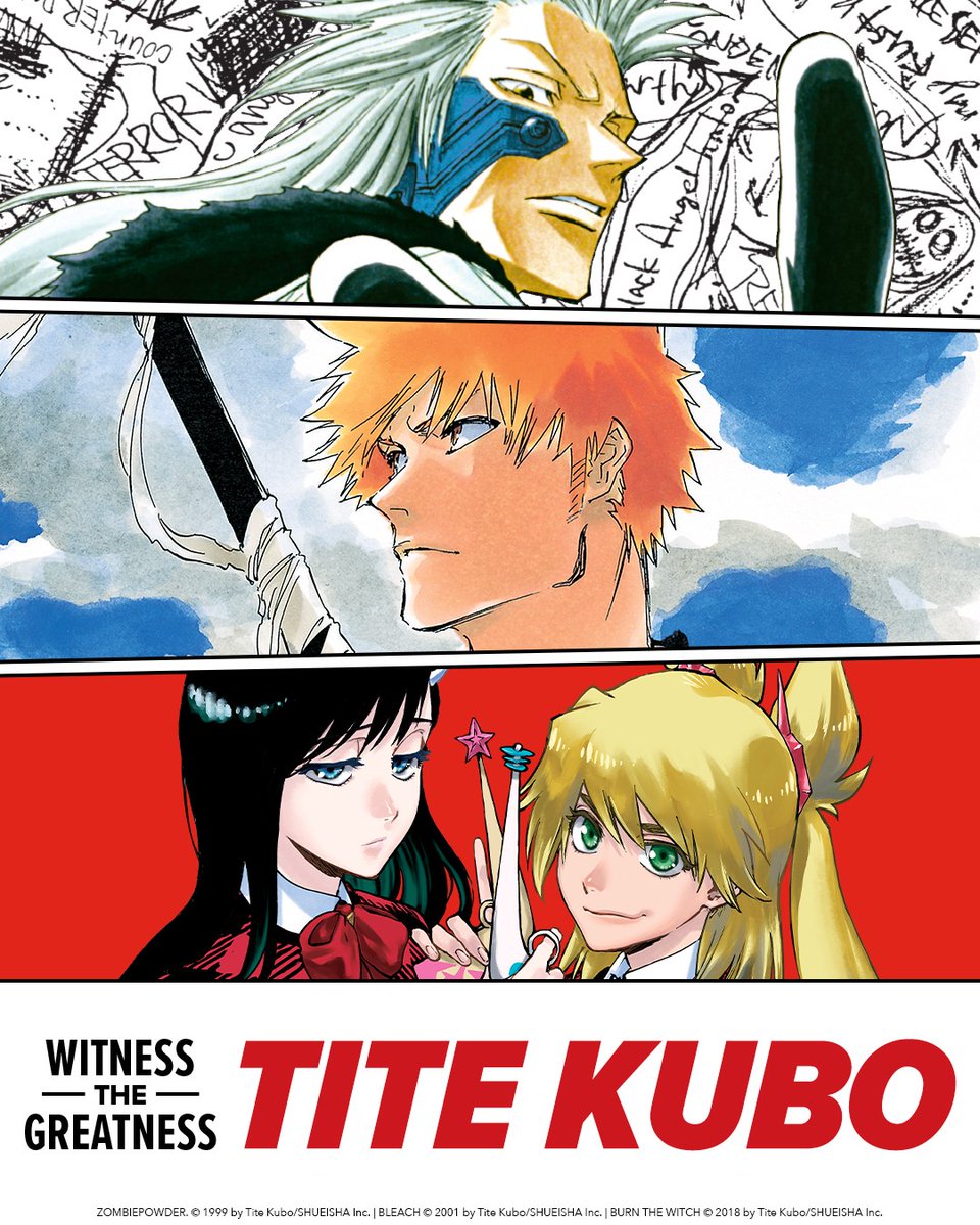VIZMedia's tweet photo. From BLEACH to BURN THE WITCH to ZOMBIEPOWDER., celebrate the unforgettable worlds and signature style of Tite Kubo. https://t.co/JFs1t5G0TH