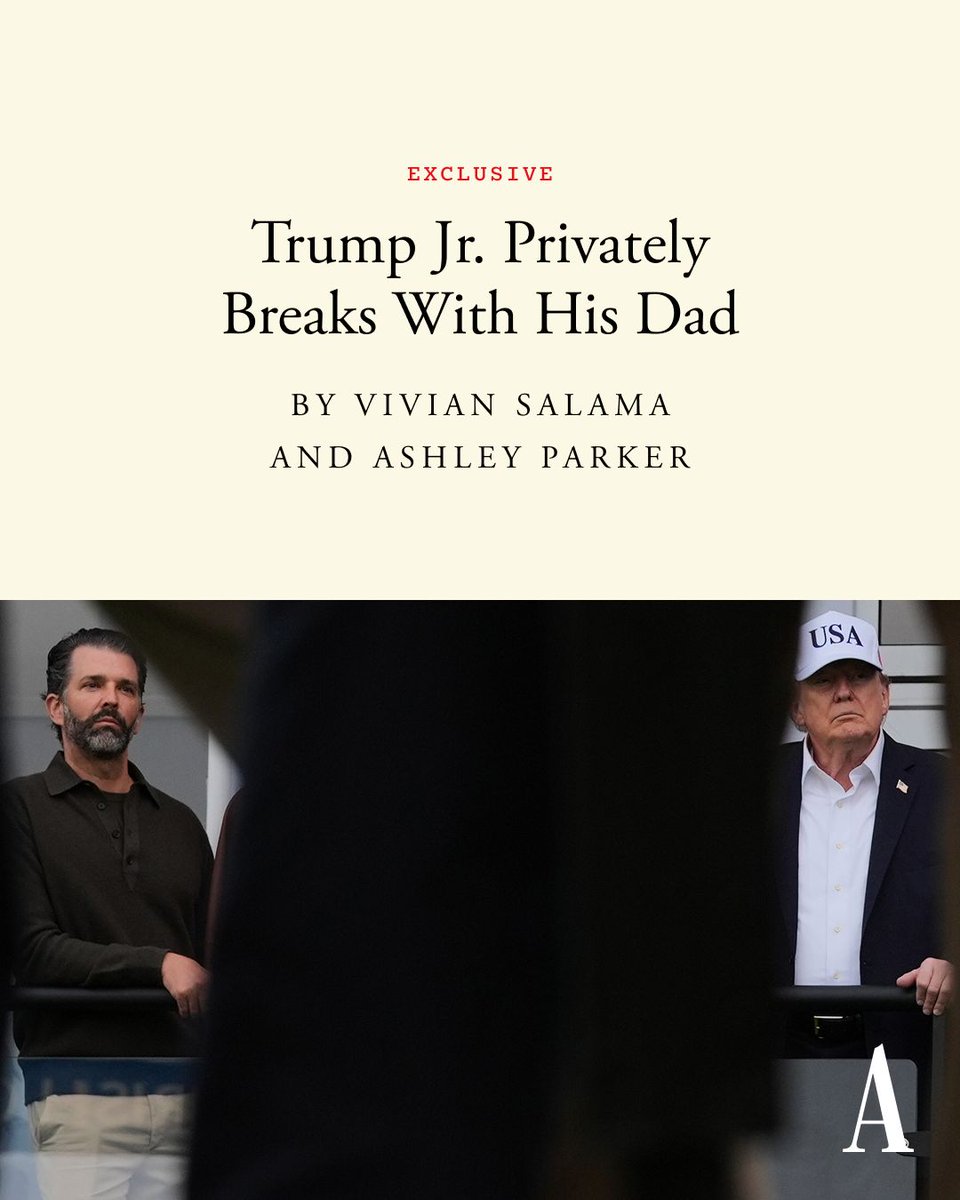 TheAtlantic's tweet photo. In private conversations, Donald Trump Jr. has repeatedly voiced his opposition to his father’s war with Iran, sources tell @vmsalama and @AshleyRParker. https://t.co/rtgI4U9K6F

📸: Julia Demaree Nikhinson / AP https://t.co/lfTVFNiIyL