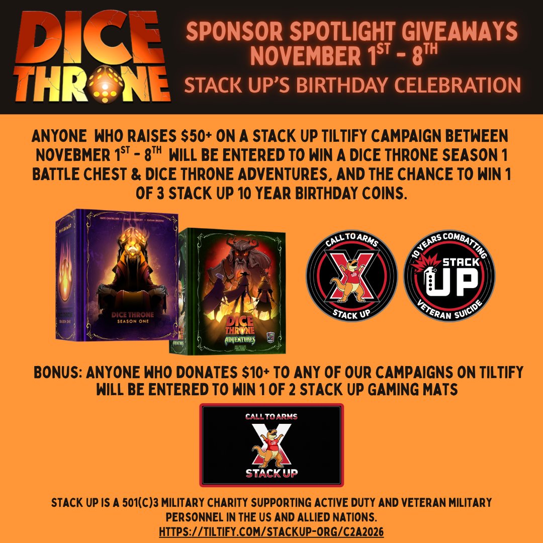 StackUpDotOrg's tweet photo. We're two weeks out from November, which means our next fundraising Spotlight Giveaways are coming up. 

From Nov 1-8 those who fundraise will get a shot at a winning a Dice Throne season 1 Battle Chest and Adventures! or 1 of 3 Stack Up Call to Arms X Challenge Coins.
From Nov 9-15 we'll be giving away Logitech G accessory bundles! 

Fundraise $50+ to be entered. Donors also get a chance to win. Sign up:
https://t.co/pnbWdtS1zn