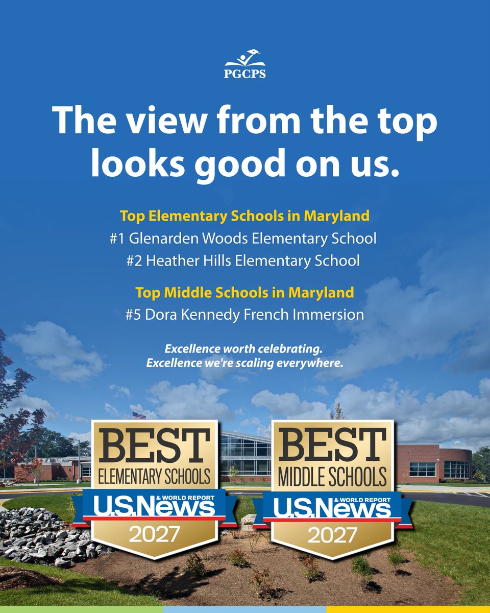 pgcps's tweet photo. Big news for Prince George’s County! 📢

@usnews ranked @pgcps schools among the very best in MD:
▫️ #1 Elementary: Glenarden Woods
▫️ #2 Elementary: Heather Hills
▫️ #5 Middle School: Dora Kennedy French Immersion

Excellence every day for every student. 🎓✨ #PGCPSProud https://t.co/uU1ncGOnve