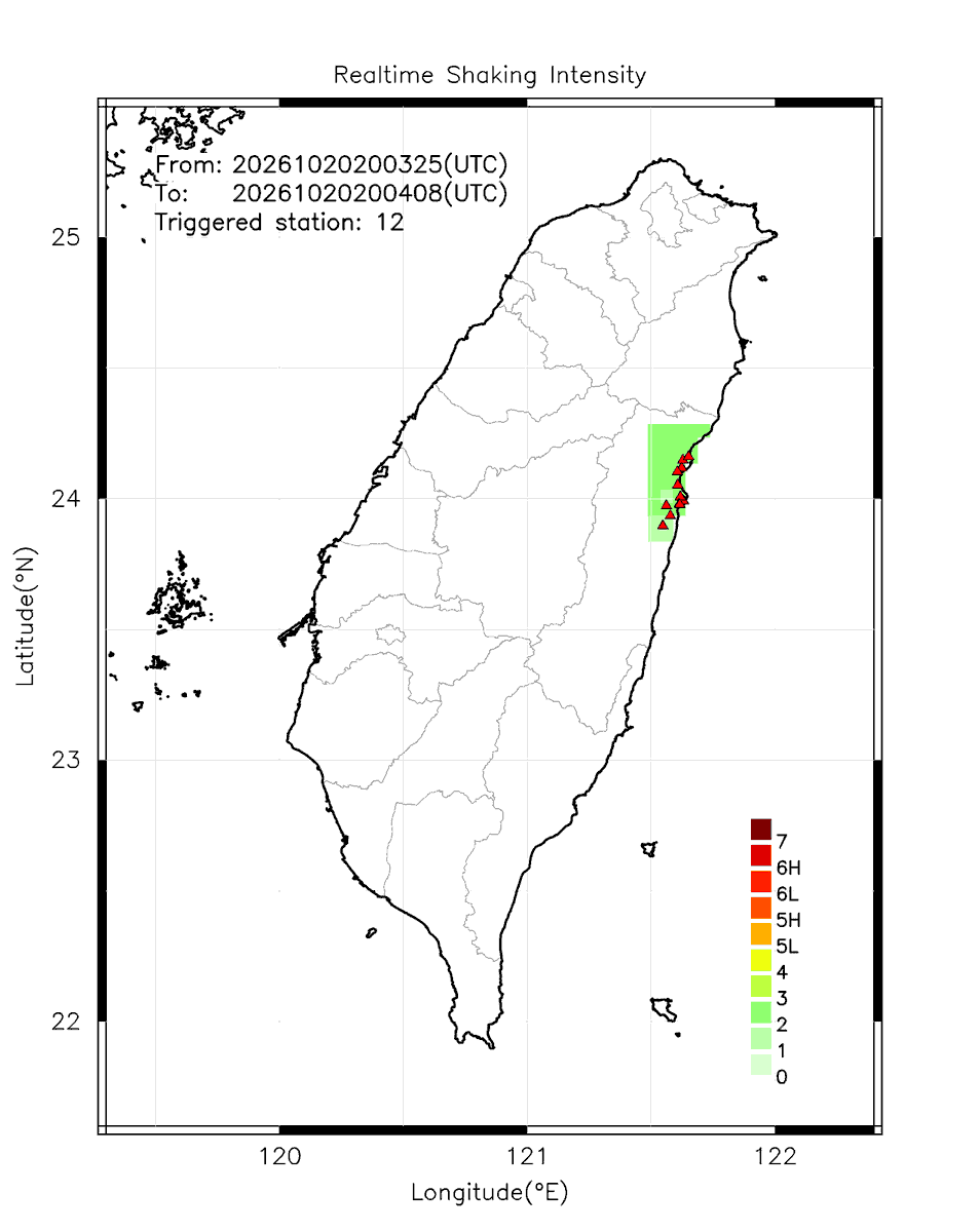 eew_p's tweet photo. Automatically Plotted Shakemaps:
* 2026-10-21 04:04:08 (UTC+08:00, Taipei)
* Evt. 20261021040325, Final Report.
* Total 12 triggered stations

Note: These shakemaps are not yet confirmed, for reference only!
#地震 #台灣 #earthquake #Taiwan https://t.co/c0Kf8VeHcA