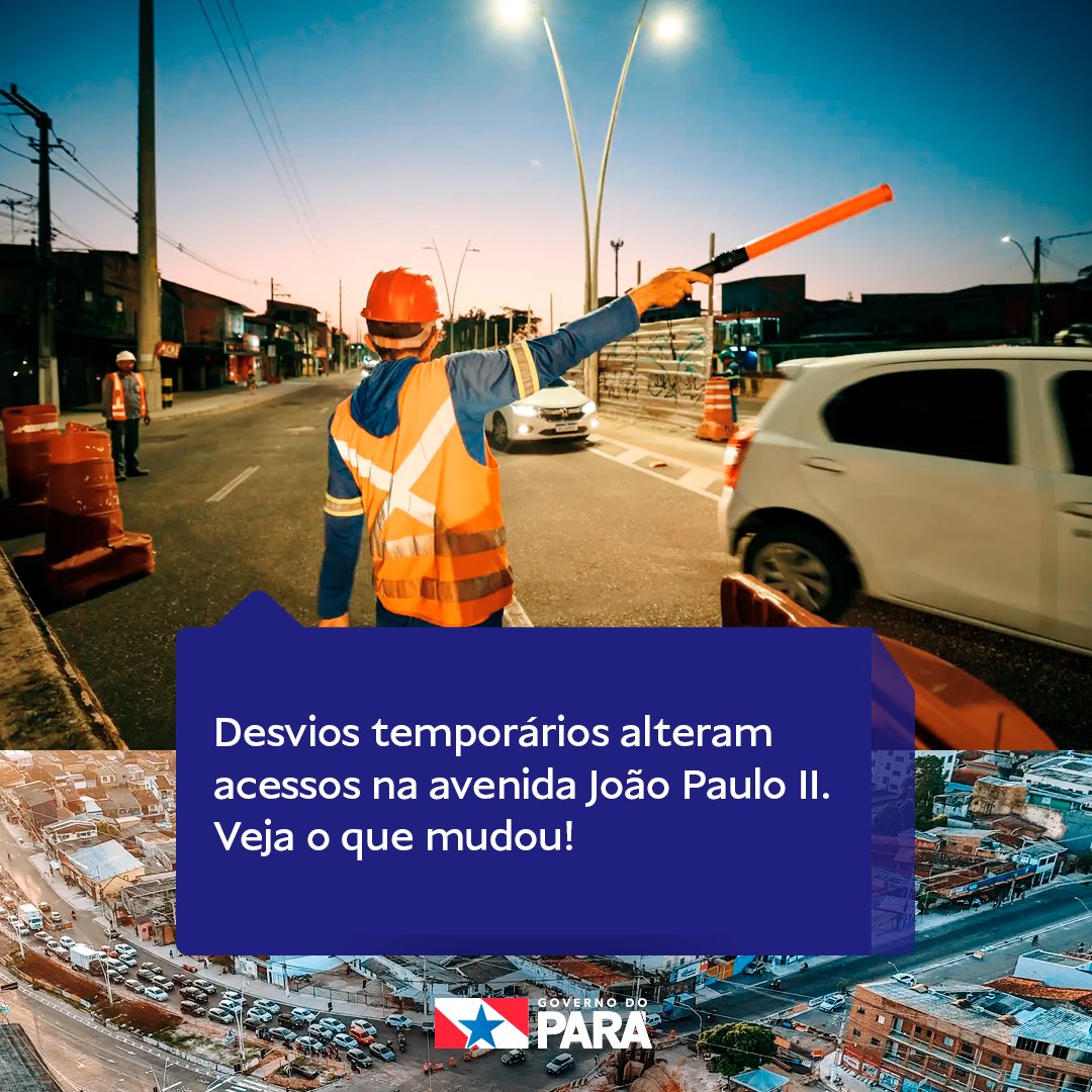 GovernoPara's tweet photo. O Núcleo de Gerenciamento de Transporte Metropolitano (NGTM) iniciou nesta segunda-feira (19) os novos desvios temporários para andamento das obras do sexto viaduto da capital paraense. Os motoristas que trafegam pelas avenidas João Paulo II e Perimetral, devem ficar atentos, pois os novos desvios mudam os acessos entre as duas avenidas.

Saiba mais: https://t.co/Ti5qAOQ7n7