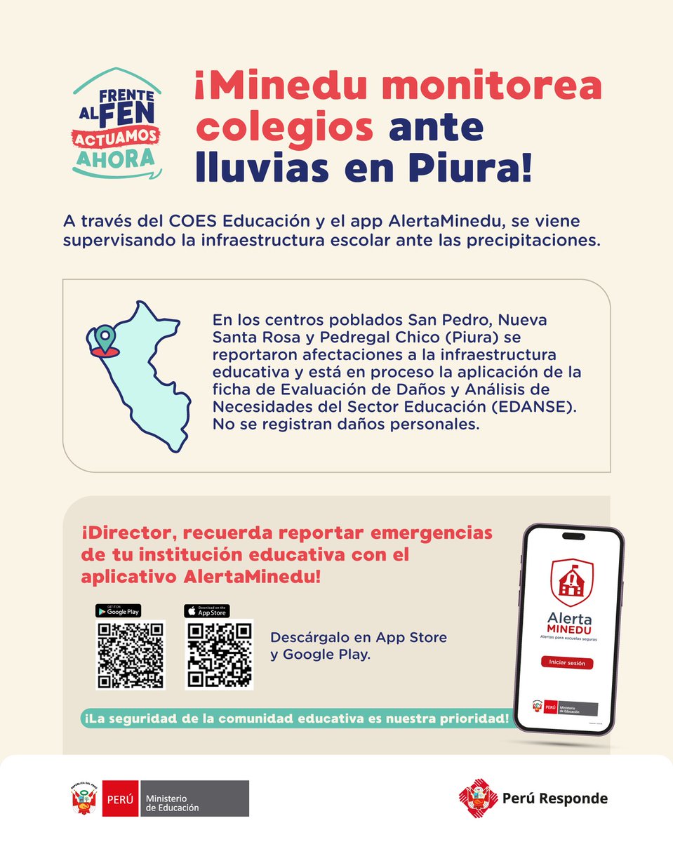 MineduPeru's tweet photo. 🌧️ #Piura | Minedu monitorea colegios afectados por lluvias en San Pedro, Nueva Santa Rosa y Pedregal Chico. A la fecha no se reportan daños personales.
⚠️ Conoce cómo prepararte ante el FEN en https://t.co/ItdnJkKfOm

#FrenteAlFenActuamosAhora #PerúResponde https://t.co/eHyxVyiR6J
