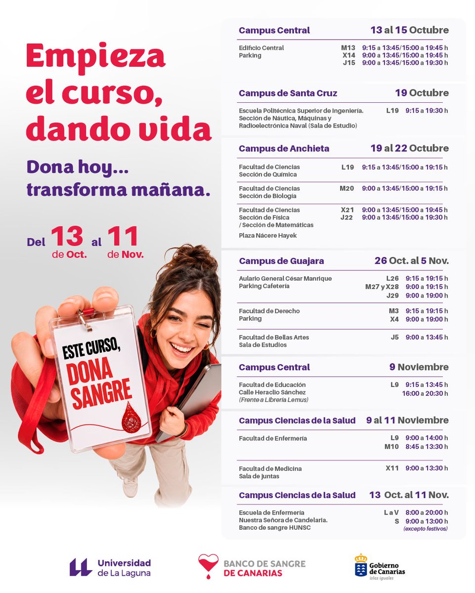 fg_ull's tweet photo. I Campaña de Donación de Sangre del curso 26 - 27 en la #ULL🩸

¡Sigamos dando vida! Aquí tienes el horario y lugares donde puedes donar. Solo tienes que acudir. https://t.co/4FTntw89Fv