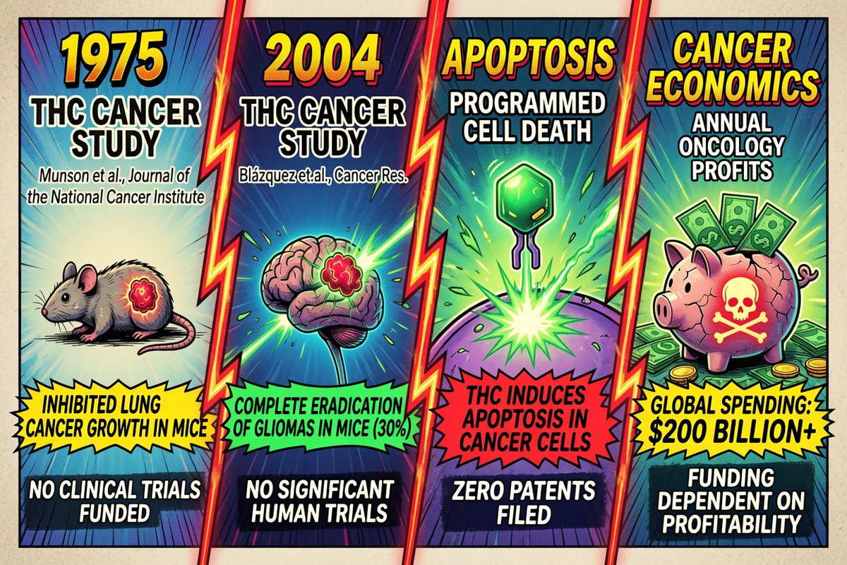 JasonTarango's tweet photo. The potential #CureToCancer has been kept hidden. Just to protect the unjust incarceration/slavery of non whites?

🧪 1975 study – THC slowed lung cancer growth in mice
🔗 https://t.co/peivMsI06C

🧠 2000 study – THC eradicated brain tumors in rats
🔗 https://t.co/xA9auHJWtW

THC has demonstrated the ability to destroy cancer cells in animal models.

The science exists. The question is—why isn’t it being fully pursued?